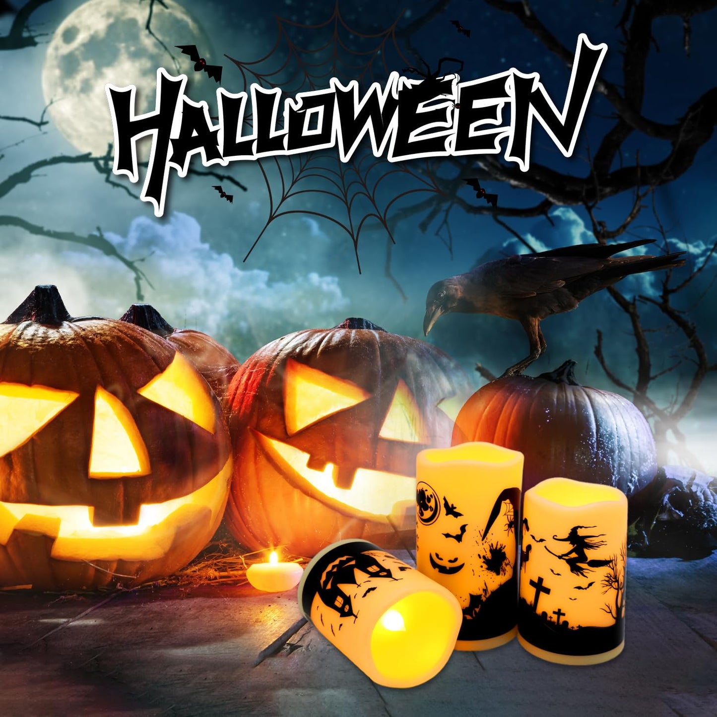 fclayvts 12-Pack Halloween LED Flameless Pillar Candles - Battery Operated with Remote & Timer, Flickering Warm Light, Witch/Bats/Castle Decals - Spooky Halloween Decor, Ghost Party Supplies, Gifts