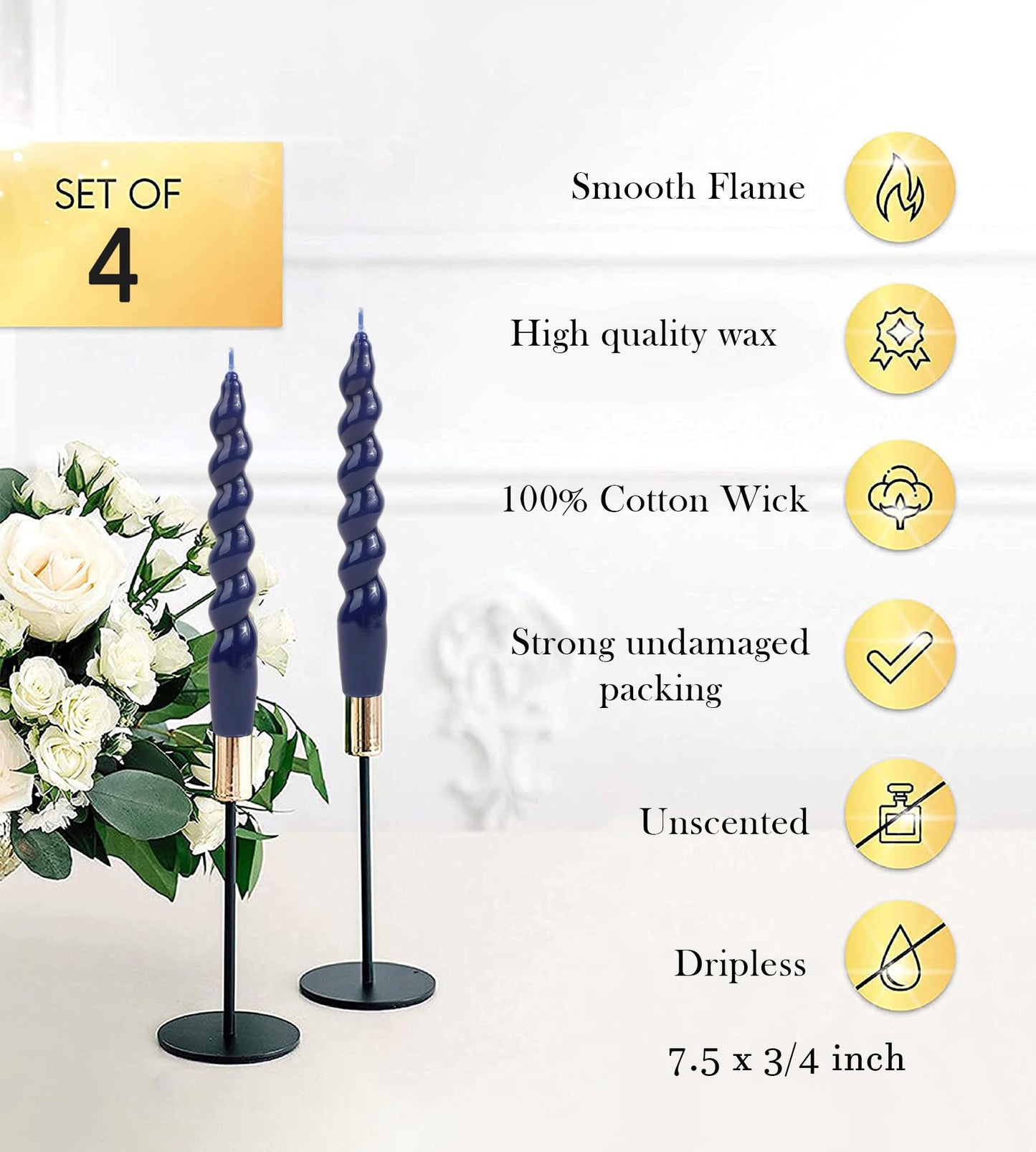 LPUSA Navy Spiral Taper Candles Handmade Twisted Candle Conical Stick Candles for Holiday Wedding Party Wax Unscented Dinner Candle Dripless,Christmas Gift H 7.5 Inch, 4pcs（Navy）