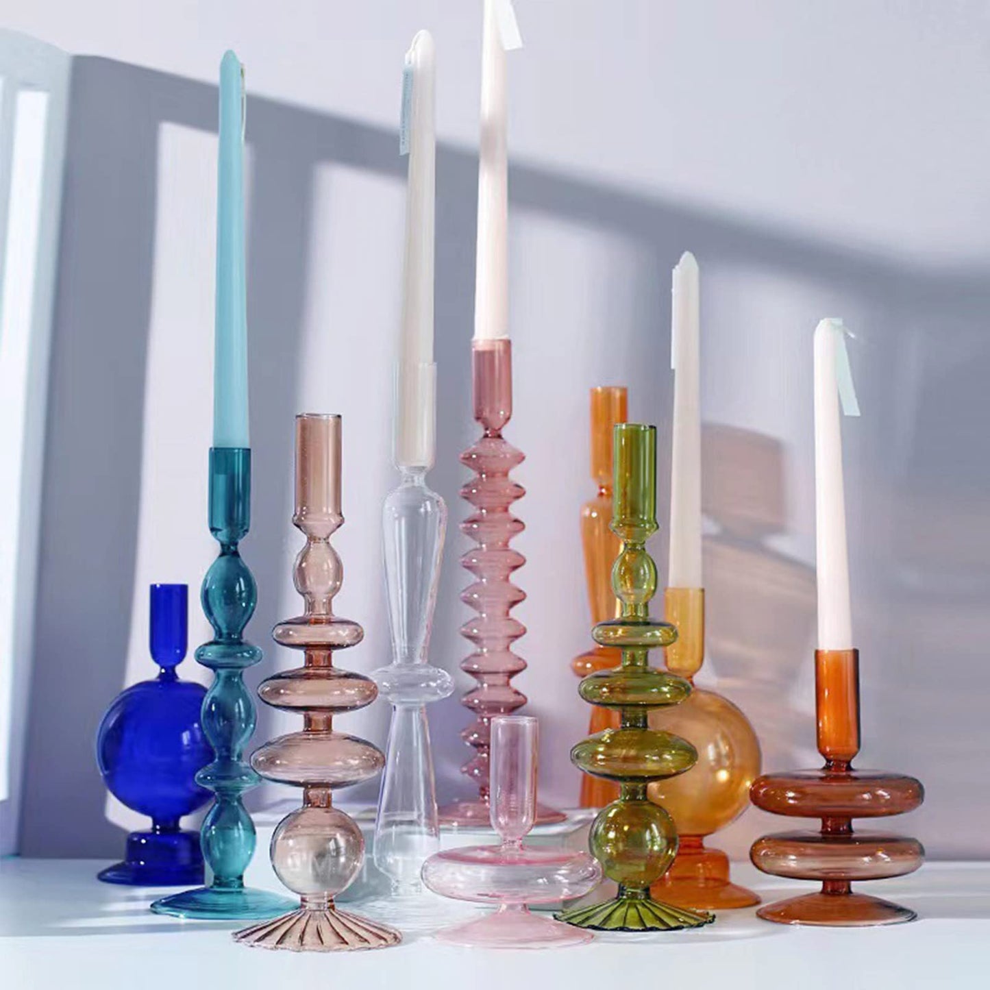 Ddewing Glass Candlestick Holders Simple Creative Glass Vase Candle Holder Colorful Glass Pillar Candle Stand Candlestick Wavy Elegant Glass Candlestick for Home Centerpiece (Pink C)