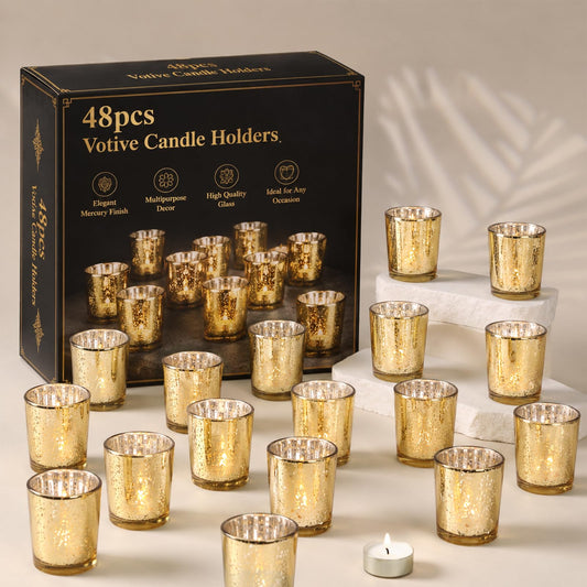 LETINE 48pcs Gold Votive Candle Holders – Glass Tea Light Candles Holder, Standard Votive Size for Regular Votive Candles – Bulk Candle Holder for Party Decorations, Bridal Shower, Holiday Decor