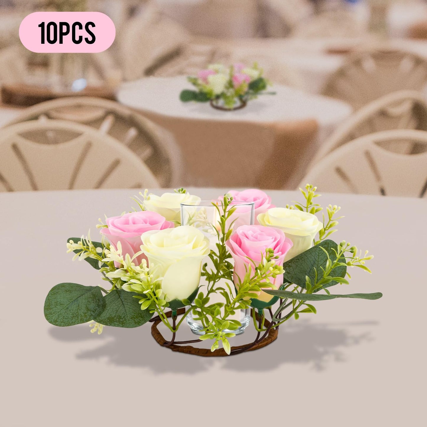 GXFCHYL Artificial Floral Wreaths, 10Pcs Pink, Cream Rose Candle Floral Wreaths 8.27In Artificial Flowers Wedding Centerpieces for Tables