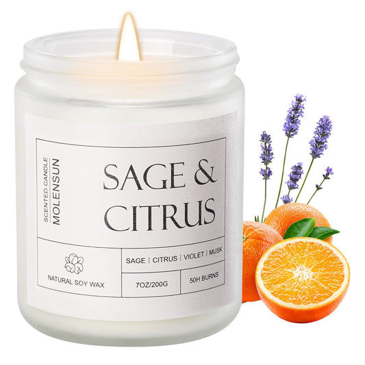 Molensun Sage & Citrus Scented Candles, Aromatherapy Jar Candle, 7 oz Long Lasting Candles, Soy Wax Candle Gift for Women