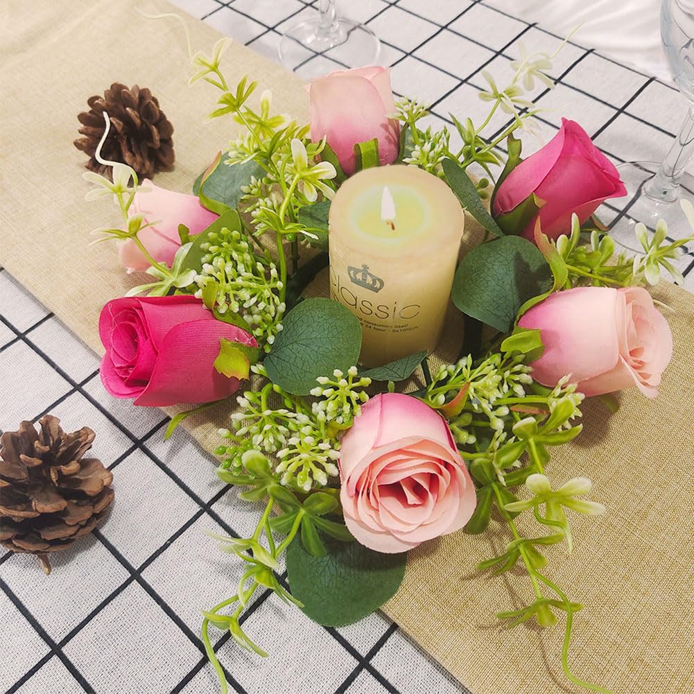 JOYWU 4-Pack Faux Rose Candle Rings, 9 in Artificial Flower Candle Wreaths with Pink Roses & Greenery, Floral Centerpiece Decor for Table, Fireplace Mantel, Wedding, Valentine's Day