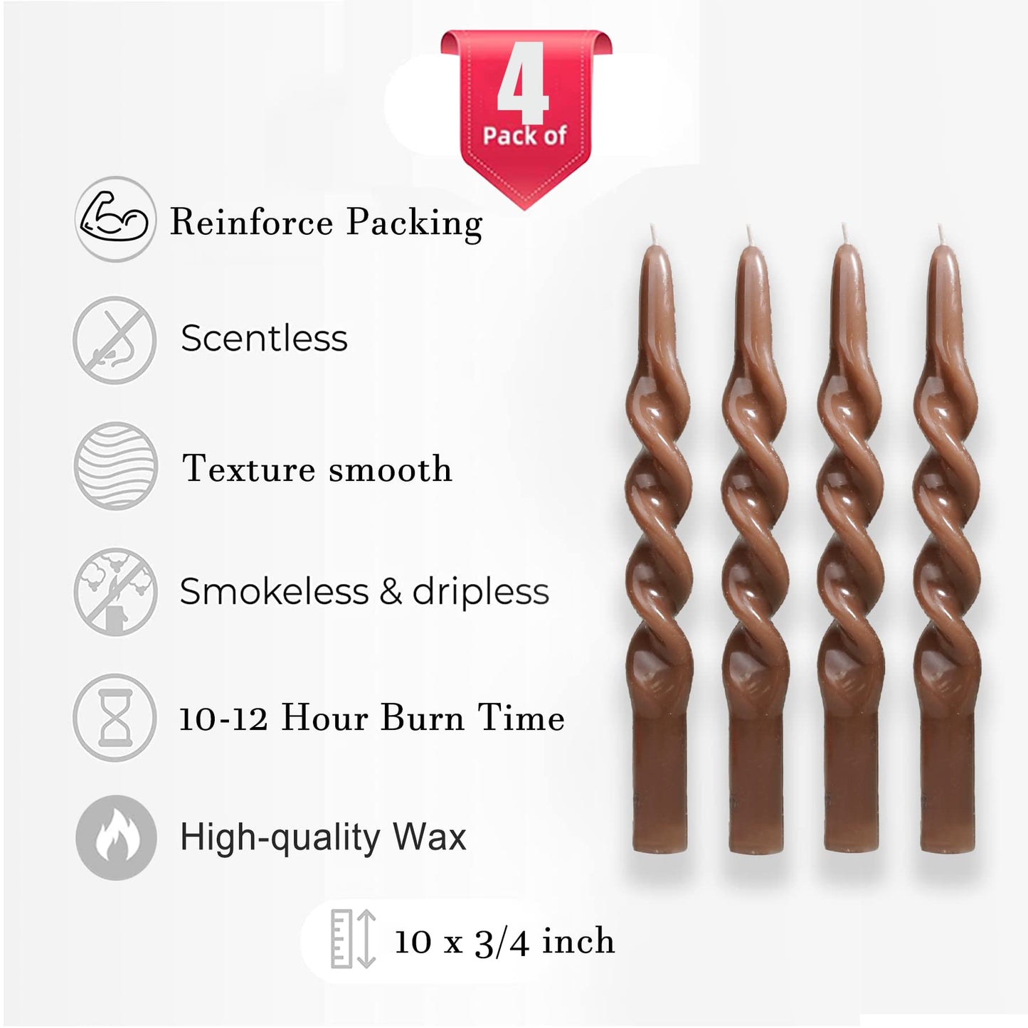 LPUSA Brown Spiral Taper Candles Twisted Candle Conical Stick Candles for Holiday Wedding Party Wax Unscented Dinner Candle Dripless,Birthday Gift Christmas Gift H 10 Inch,4pcs（Brown-B）