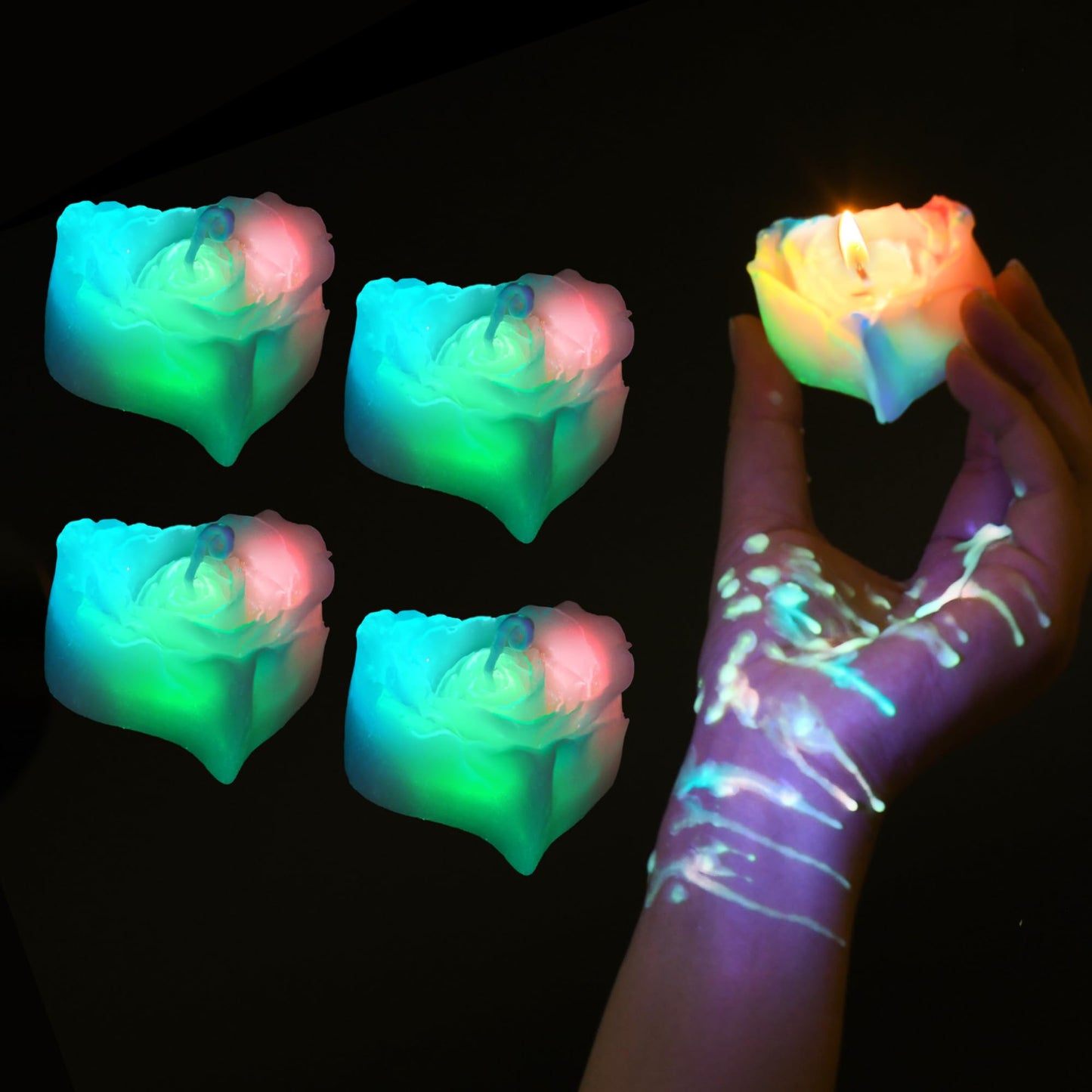 SUPXYC 4PCS Low Temperature Candle, Low Heat Body Safe Candles Wax Play, Romantic Wax Play Candles, Flower Shaped Scented Candle for Couples (Heart Shape, Fluorescence)