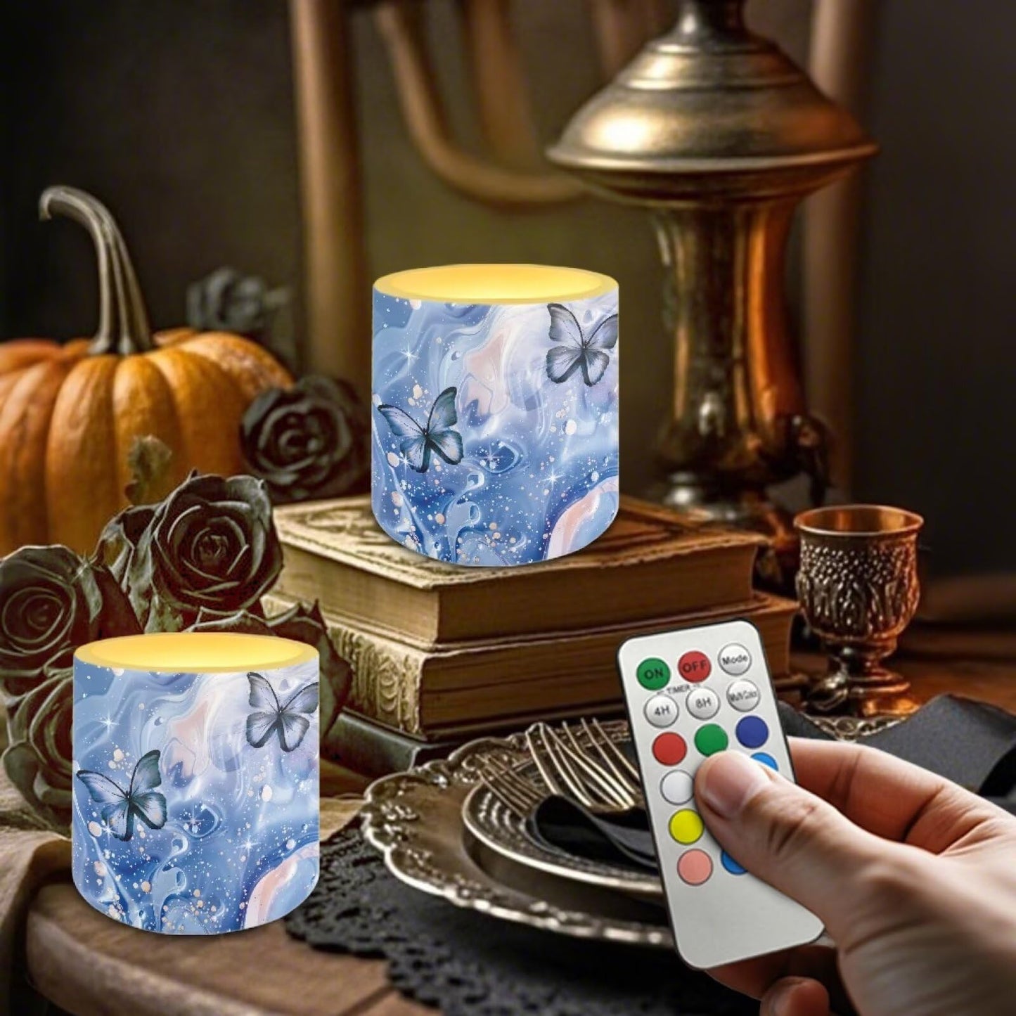 Cozeyat Navy Marble Flameless Candles 4 Pack Battery Operated LED Pillar Candles with Remote Control Timer Waterproof for Indoor Outdoor Use