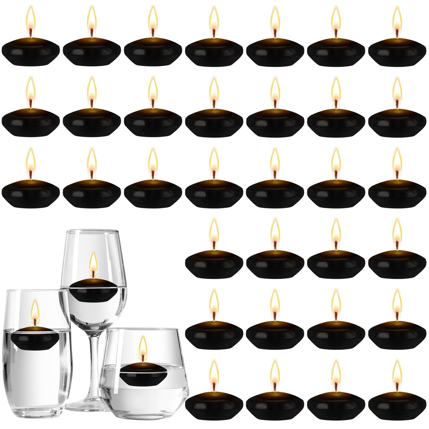 Nuanchu 30 Pcs Black Floating Candles Centerpieces Bulk 1.5 Inch Small Unscented Votive Floating Candles Decoration for Wedding Anniversary Holiday Party Gifts Home Pool Decor