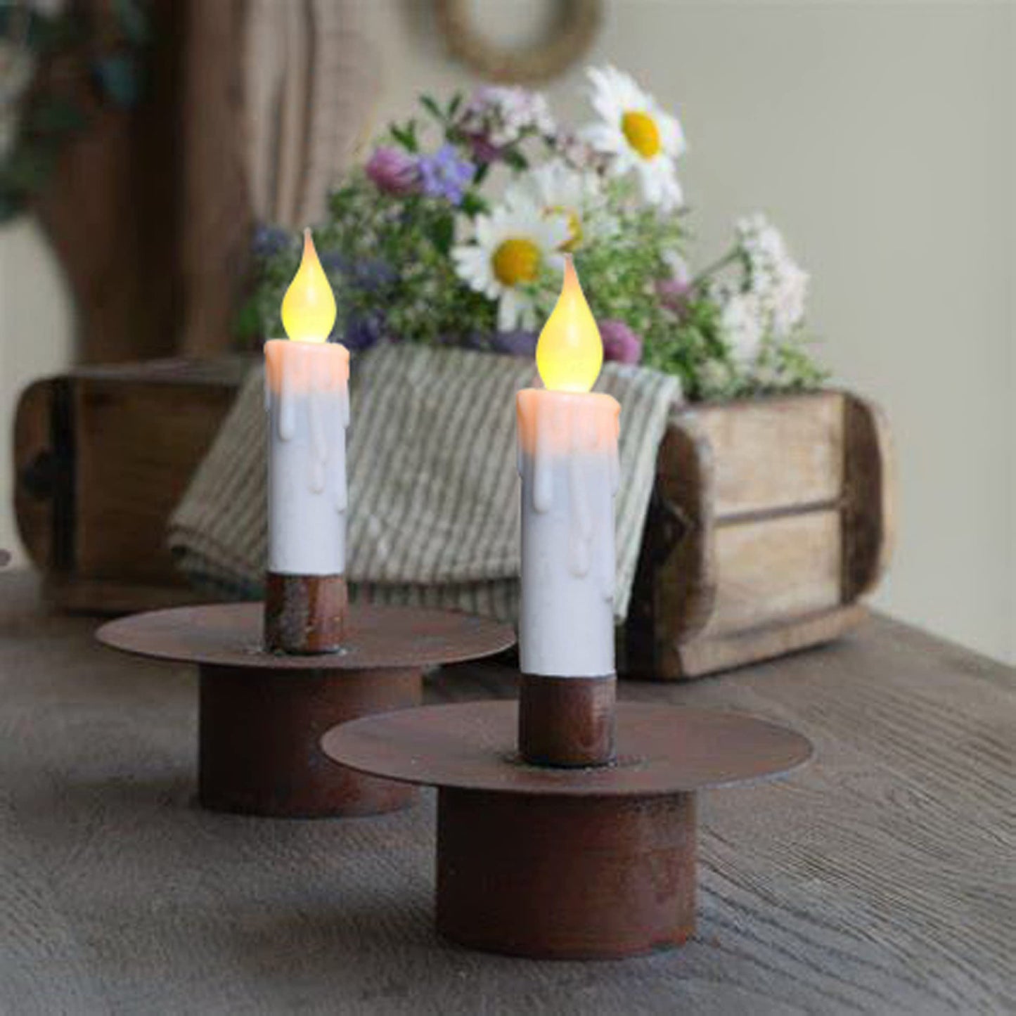 CVHOMEDECO. Flickering Taper Candles LED Drip Flameless Candles, Battery Operated with Timer, White, 4-3/4 Inch, Set of 4