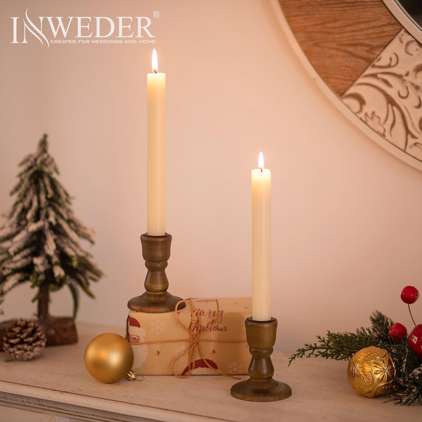 Inweder Wooden Taper Candle Holders: Wood Candlestick Holders Rustic Brown Farmhouse Fall Decor for Living Room Dinning Table Centerpiece Christmas Set of 2