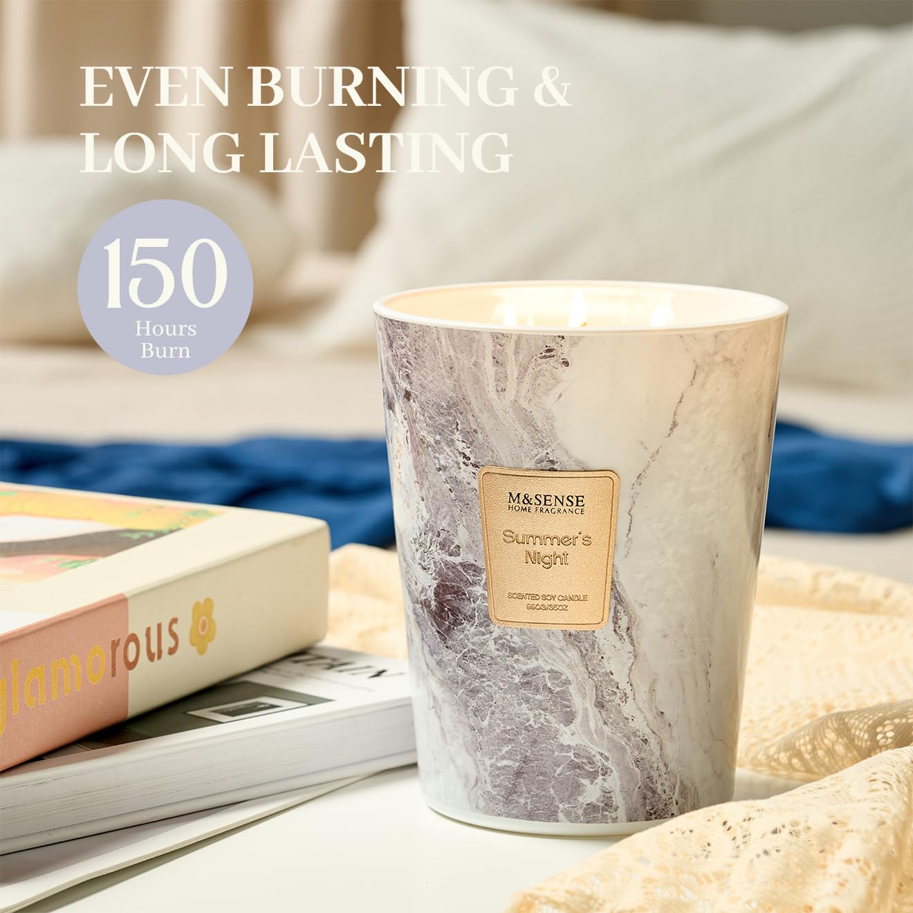 M&SENSE Extra Large Summer Candle 35oz 150H Summer Night Scented Candle, 3 Wick Highly Scented Jar Candle, XL Candles Gift for Stress Relief, Meditation, Yoga