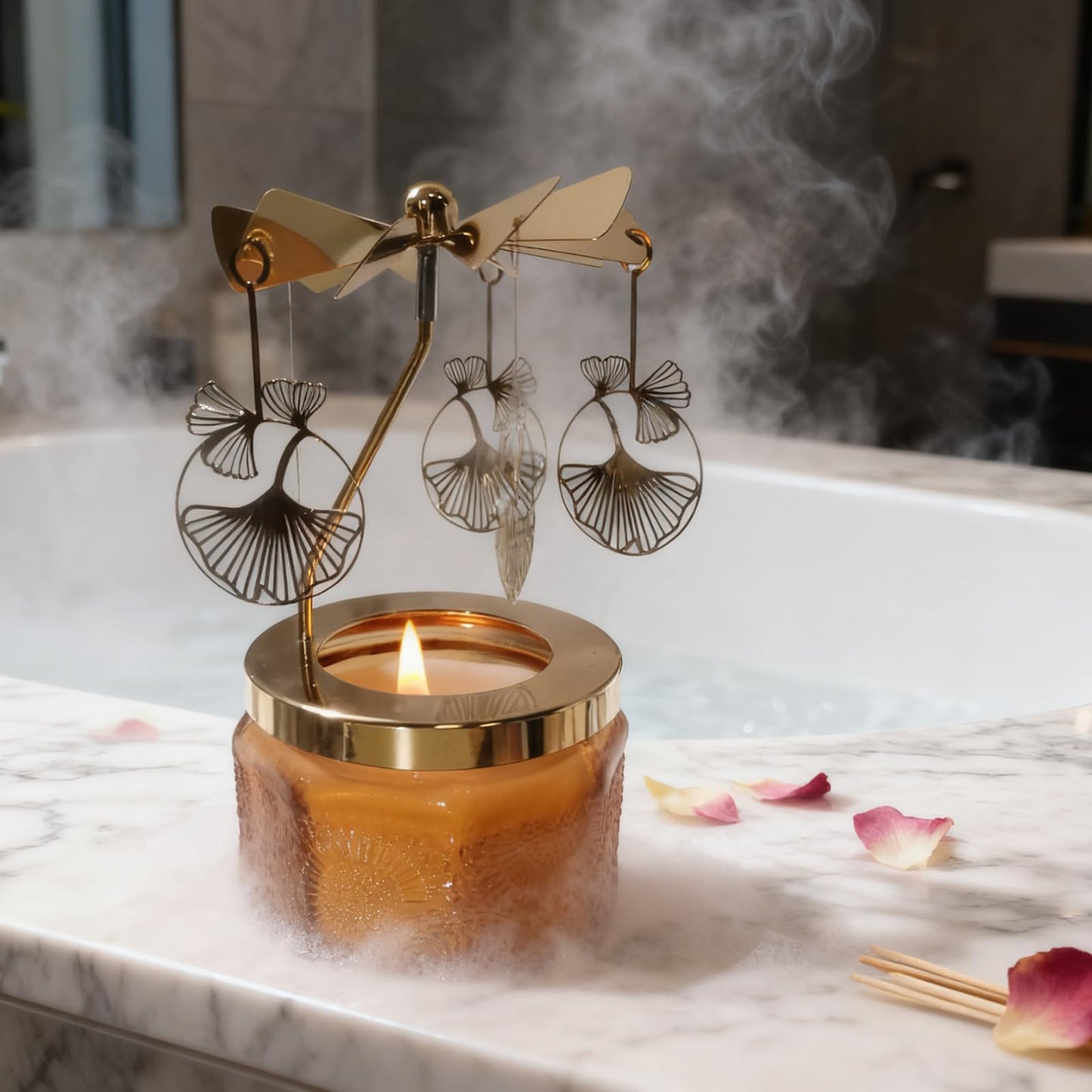 kingnero Lavender Scented Candle Carousel Rotary Candle Holder Spinning Tea Light Birthday Gifts for Women, Mom, Wife, Girlfriend, Sister, Female Friends, (Gold Ginkgo Leaf)