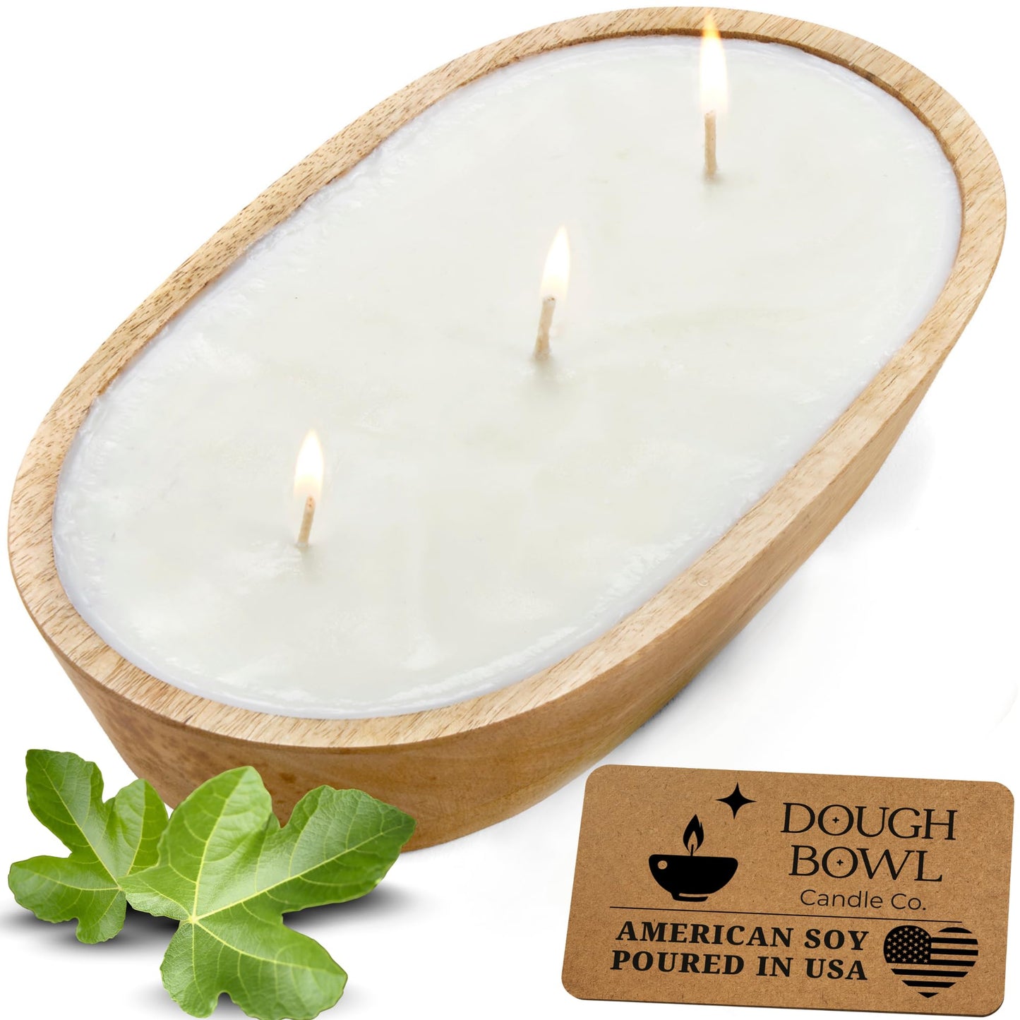 Dough Bowl Candle Co. Mediterranean Fig Soy Candle - 3 Wick Rustic Farmhouse Coffee Table Decor, Odor Eliminator in Wooden Bowls, 20 Ounce Wooden Dough Bowl Candle, All-Natural Gifts for Women or Men