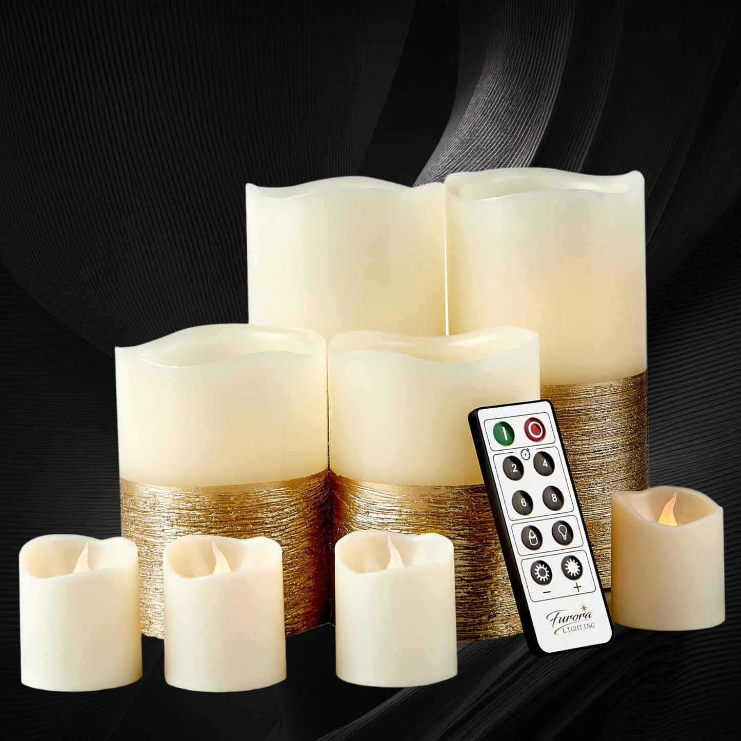 FURORA LIGHTING Gold Trim Flameless Candles - Real Wax, Adjustable Brightness, Remote & Timer - 4 Pillars (3x4, 3x6) and 4 Votives, 8-Pack, Battery Operated