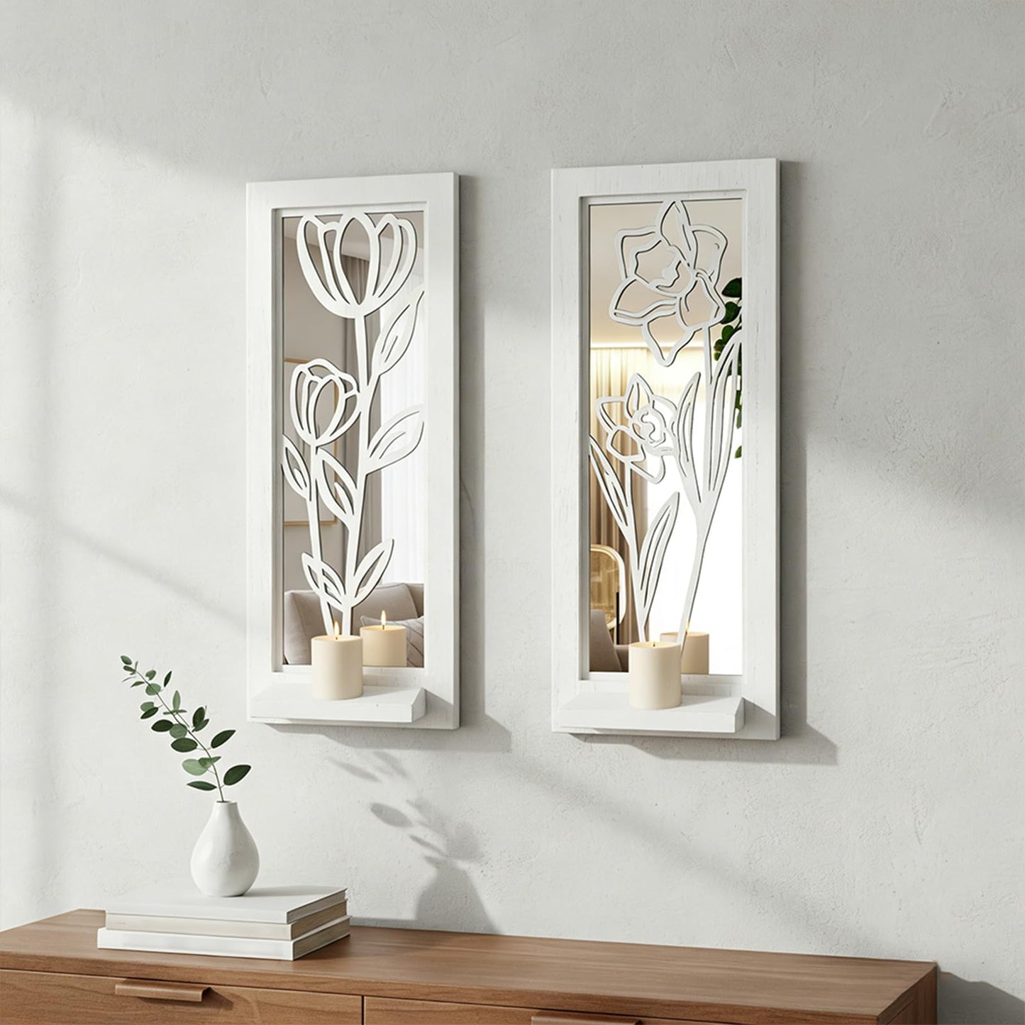 ZEXUIRU 2 Set Rustic Candle Sconces Living Room Bedroom Entryway Wood Mirrored, Farmhouse, Carved Frame Wall-Mount Wooden Candle Holders Wall Decor Hanging Handmade Holder - Distressed White
