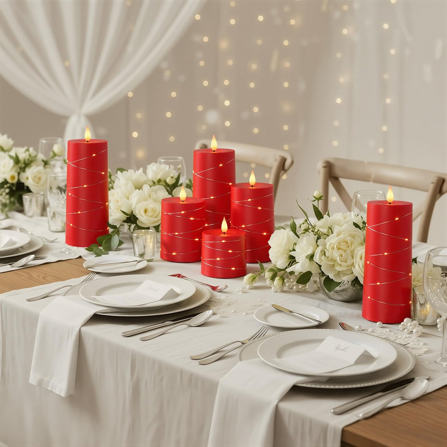 Raycare Independence Day Flameless Candles with Remote Timer, Flickering Battery Operated LED Pillar Fake Candle with String Lights for 4th of July Patriotic Home Decor, Wedding Gift, Red, Set of 5