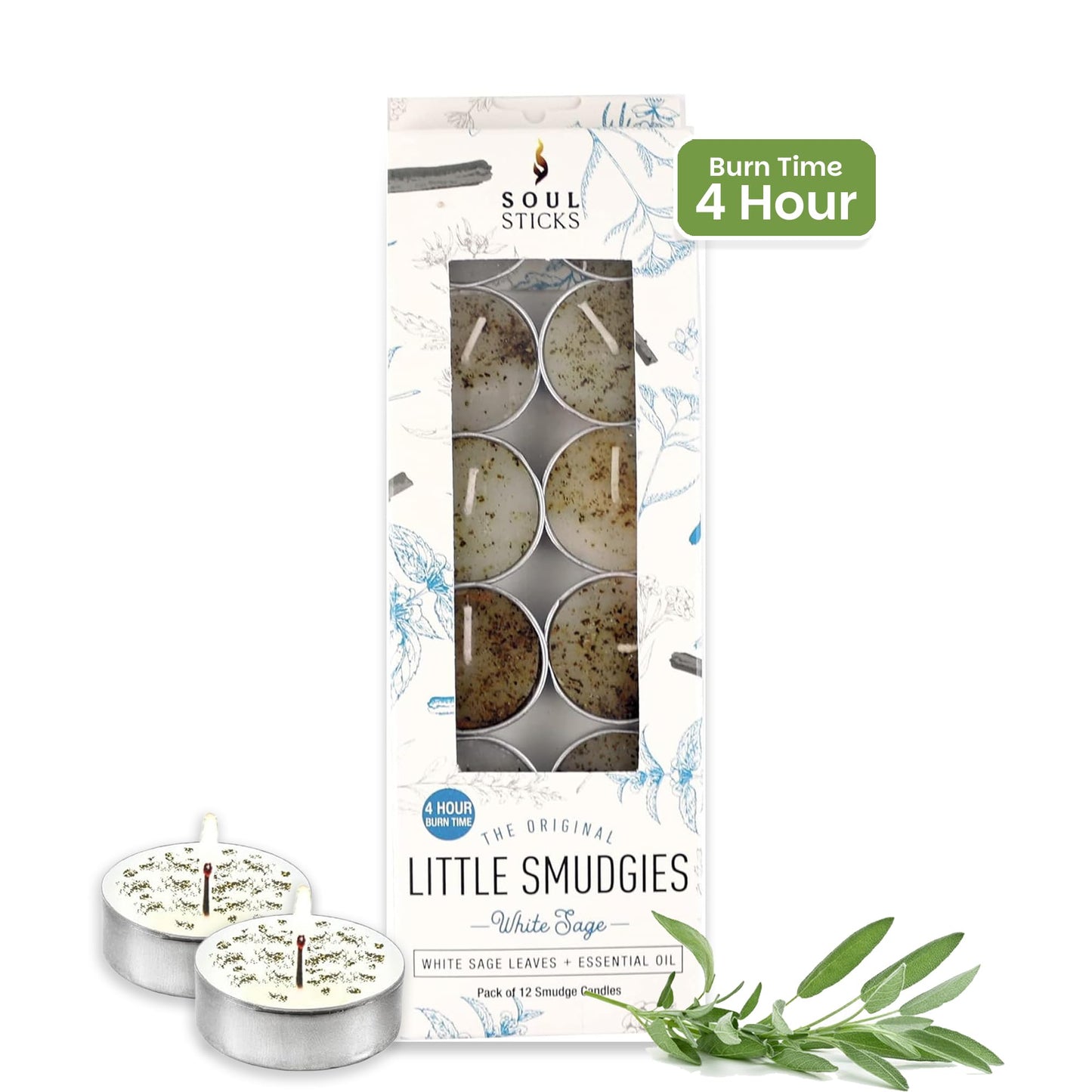 SOUL STICKS 12 Pack Little Smudgies Tealight Candles Smudge Candle for Cleansing House, Meditation, Chakra Healing | Made with Crystals and Herbs (White Sage)