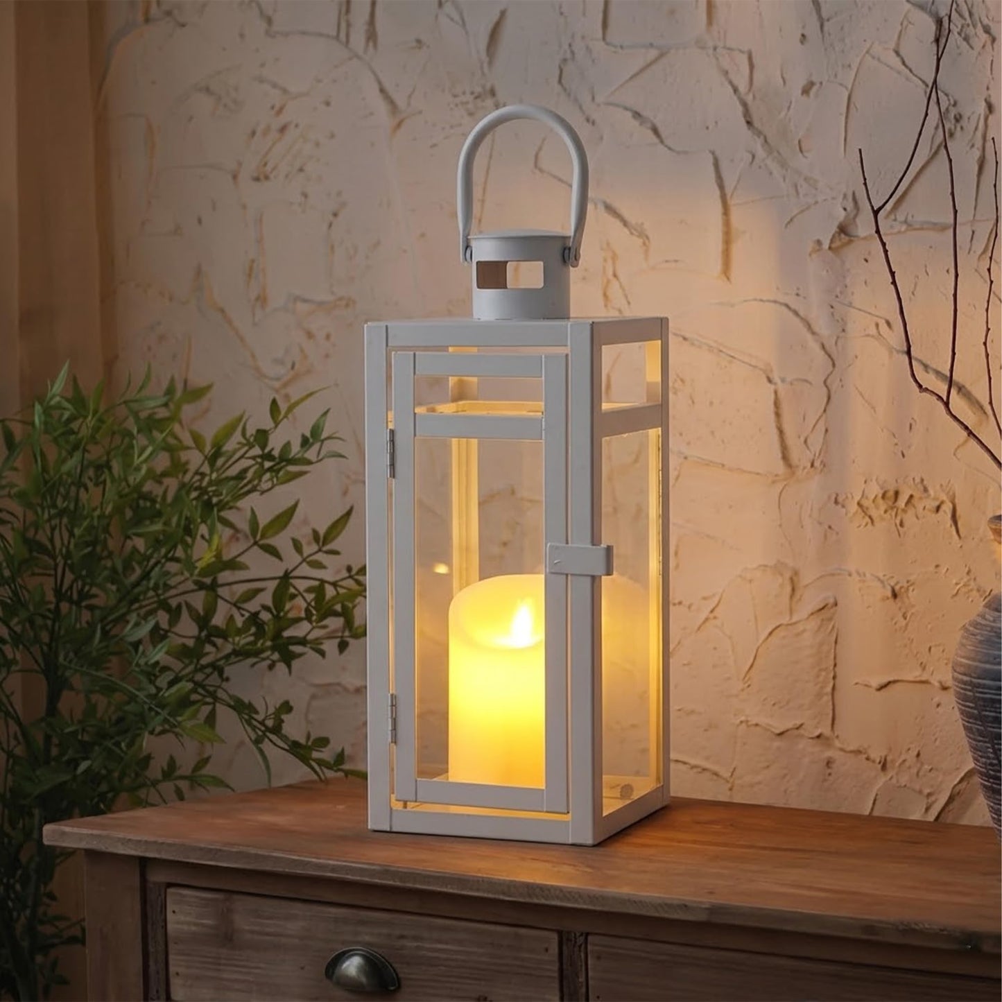 TRIROCKS Decorative Candle Lantern 12'' High Metal Candle Holder with Tempered Glass Perfect for Home Decor Living Room Parties Events Tabletop Indoor Outdoor (White)