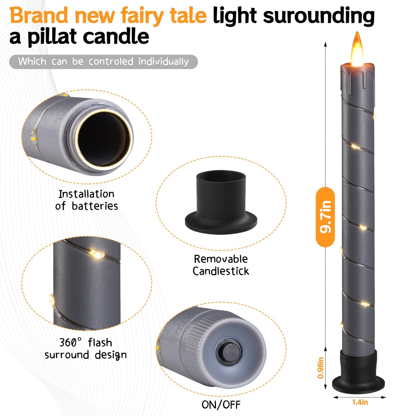 3 Pack Gray Dripping Wax Flameless Candles, Realistic Dynamic Flame LED Taper Candles with Surrounding Fairy String Lights, Remote Control Battery Operated Candles for Home Wedding Holiday Decor