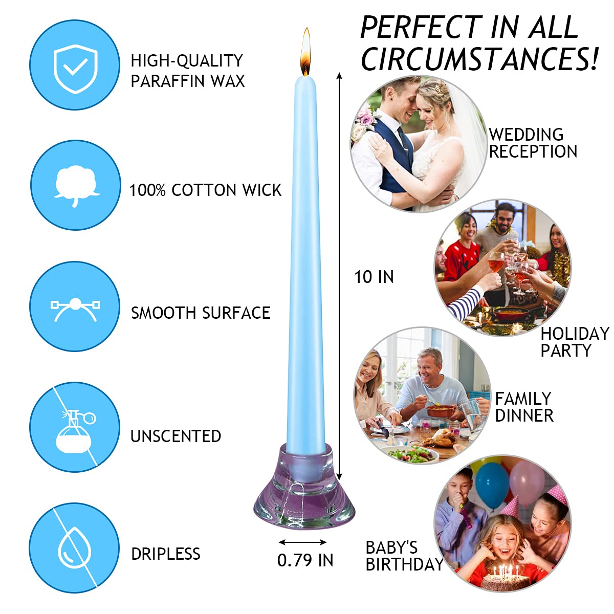 NIKY 10 inch Taper Candles, Set of 12 Unscented Dripless Candlesticks - 8 Hours Long Burning for Home Decoration, Wedding, Parties and Special Occasion (Light Blue)