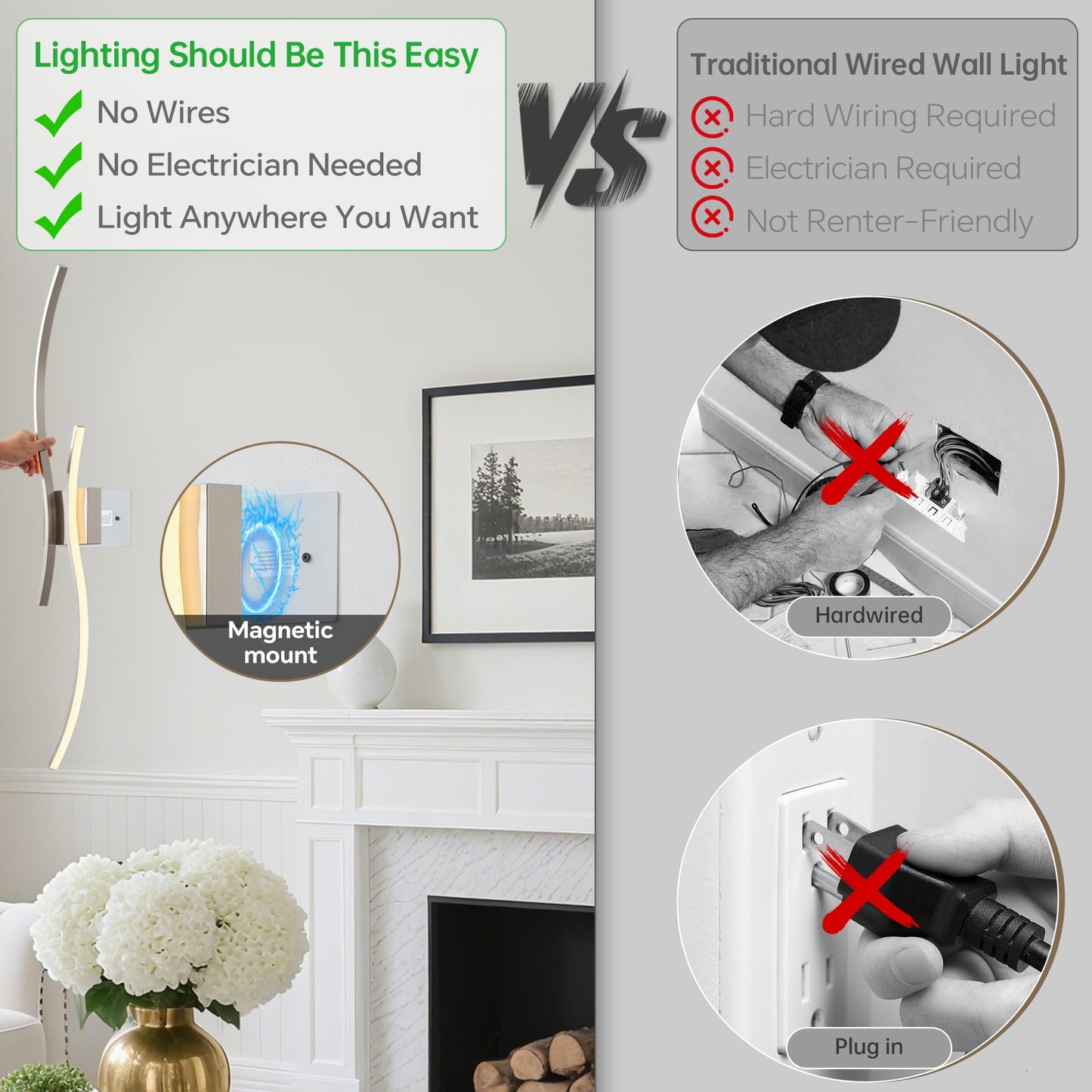 GLOTHOR Battery Operated Wall Sconce Set of 2, Dimmable Modern LED Rechargeable Wall Light with Remote Control, Wall Decor for Living Room, Hallway, Quick Install, No Electrician Required