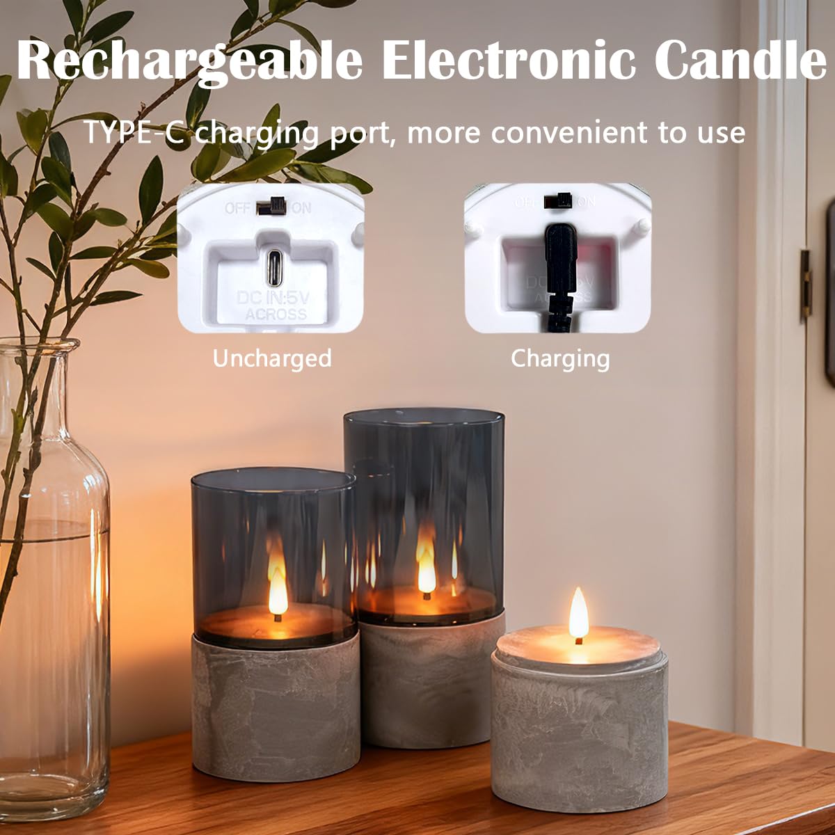 LEDHOLYT Rechargeable Marble Flameless Candles, Gray Glass LED Pillar Candle with Remote & Timer,Decorative Candles for Living Room, Bedroom, Holiday Décor & Gifts for Women,Set of 3