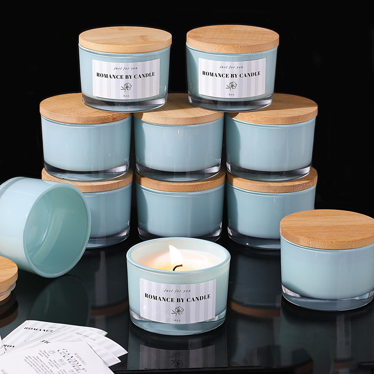 REISEN 12 PCS Blue Candle Jars for Making Candles, 4 OZ Glass Jars with Bamboo Lids and Sticky Warning Labels, Candle Containers for DIY Gifts, Candle Making Supplies
