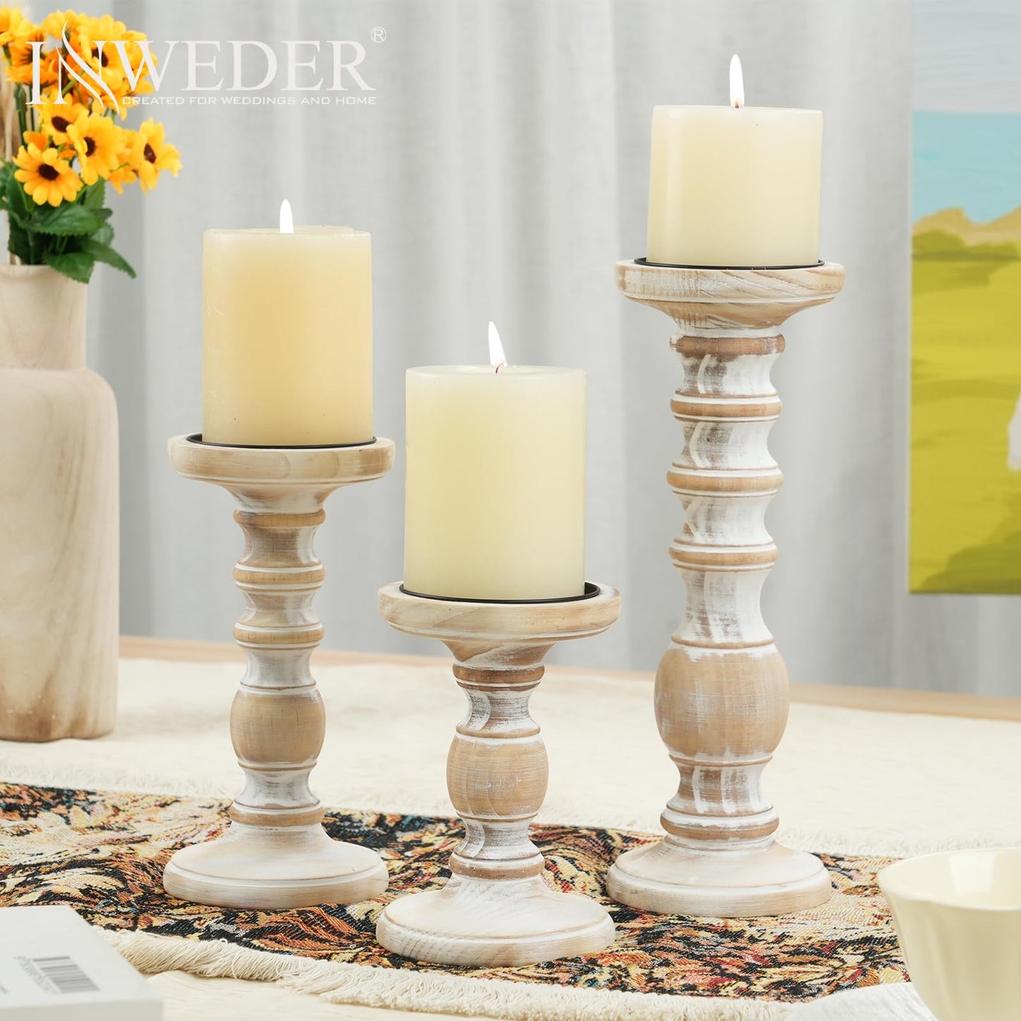 Wood Candle Holders for Pillar Candles - Tall Rustic Candle Holder (Set of 3), Large Farmhouse Candle Holders Candle Stand, Pillar Candle Holder Set for Table Centerpiece, Fireplace, Home, White