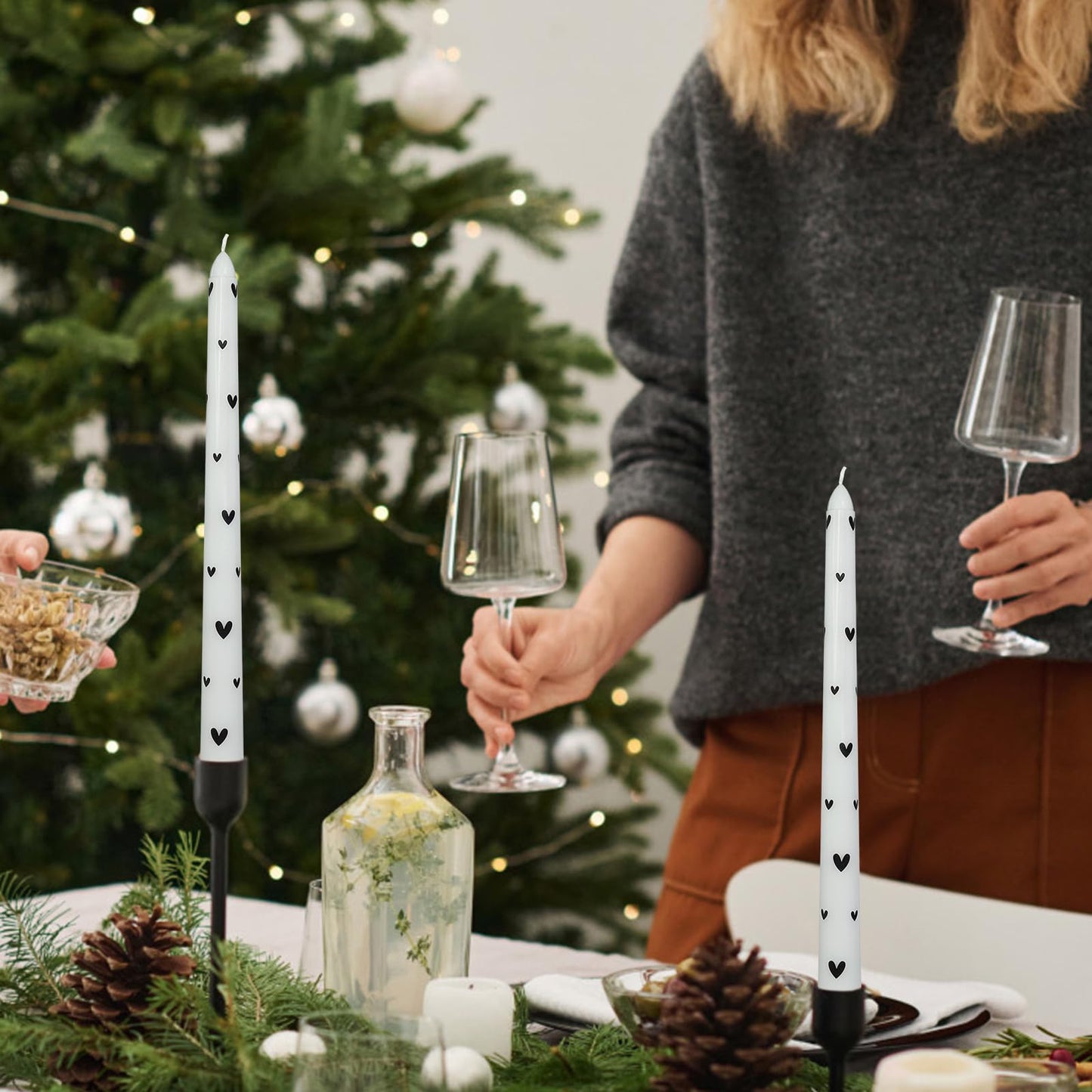 Baleagcdl White & Black Heart Taper Candles - 10 Inch Handmade Drip Candlesticks, Set of 2 for Wedding Home Holiday Decor Gifts