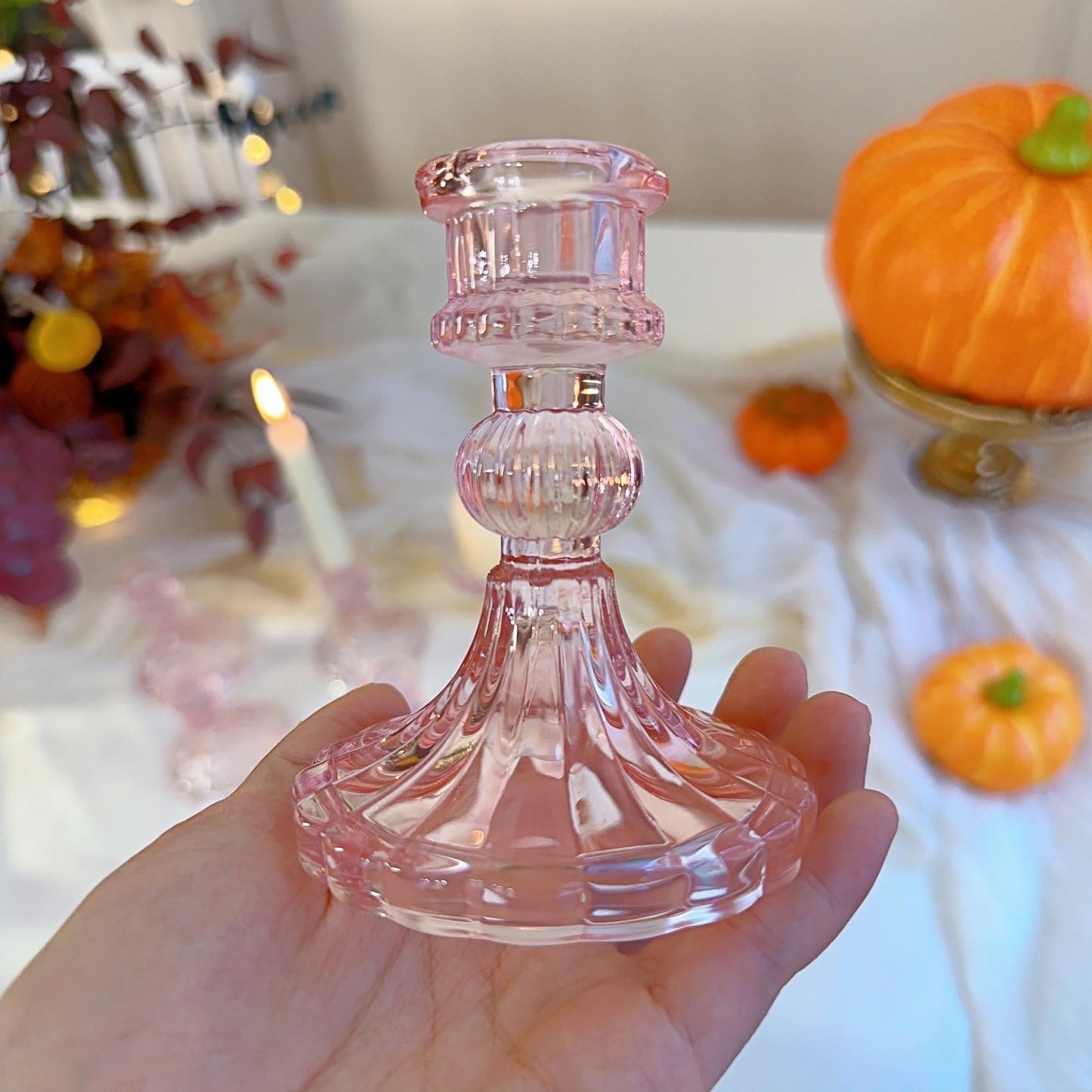 ECHFSM Glass Candlestick Holder,Striped Taper Candle Holders,Set of 6 Candle Stand for Table Centerpieces, Home Decor,Weddings,Festival and Parties (Pink Stripe Pattern)