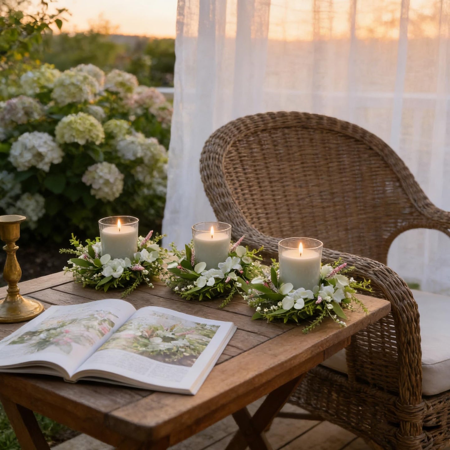 6 Pcs Small Spring Summer Candle Ring Wreaths Mini Pillar Candle Holder Wreath with White Hydrangea Flowers and Eucalyptus Leaves Artificial Spring Summer Wreath for Home Kitchen Table Cnterpieces