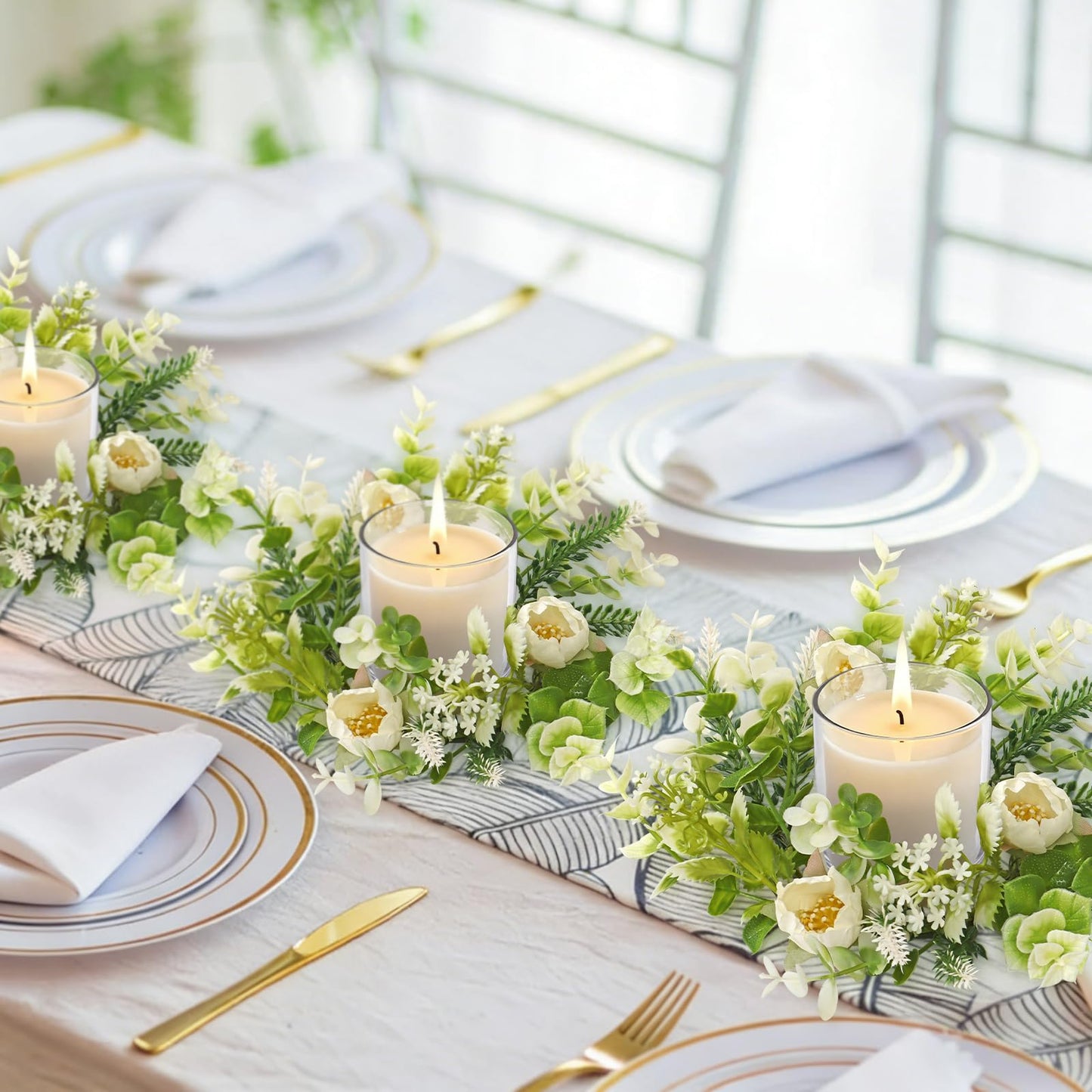 KHOYIME Floral Candle Rings Wreath 4PCS Small Spring Summer White Artificial Flowers Greenery Wreaths for Pillars, Mini Candle Holder Kitchen Cabinets Table Centerpieces Wedding Party Farmhouse Decor