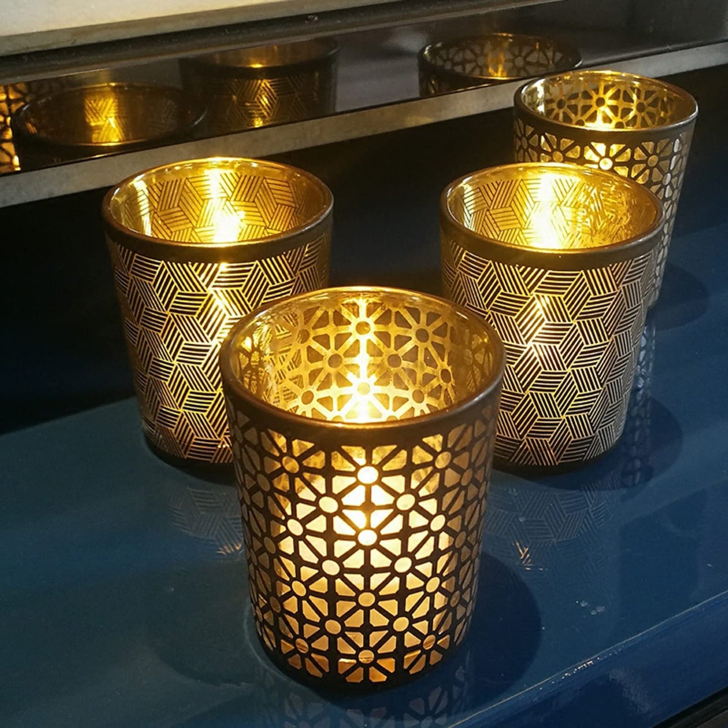 Candlestick Holders 4PCS Candle Holder Gold Cup Candlestick Column with Geometric Patterns Desktop Tealight Holder for Table Christmas Party Decoration Candle Holders