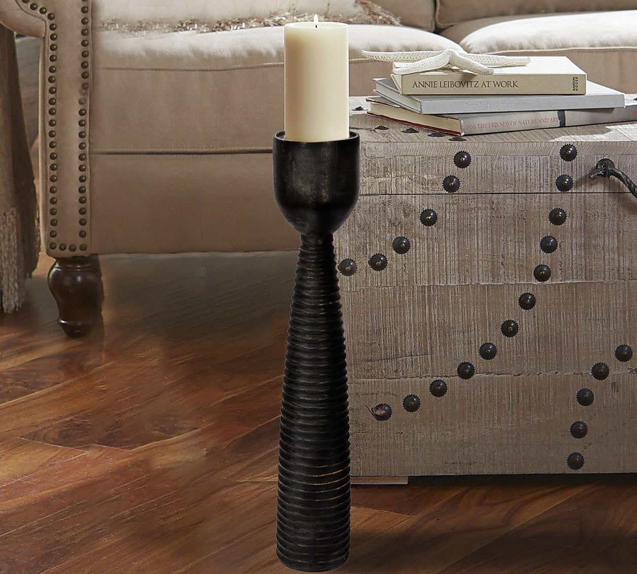 Bloomingville Round Hand-Carved Mango Wood Ribbed Candle Holder, Black (Holds 4 inches Pillar)