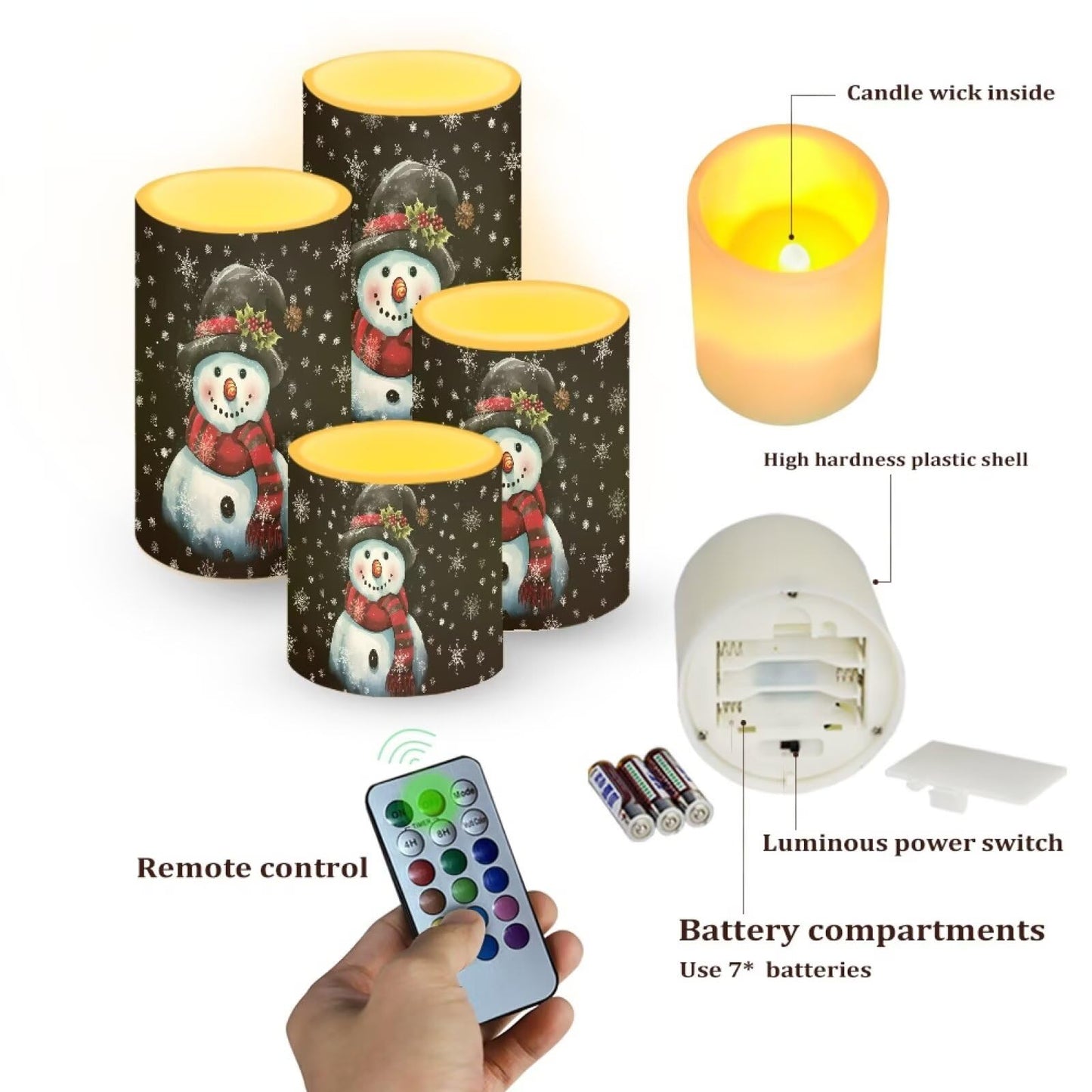 NETILGEN Christmas Day 4 Pcs Flameless Candles Battery Powered with Multicolor Lights Timer Remote Control LED Candles Cartoon Snowman Print