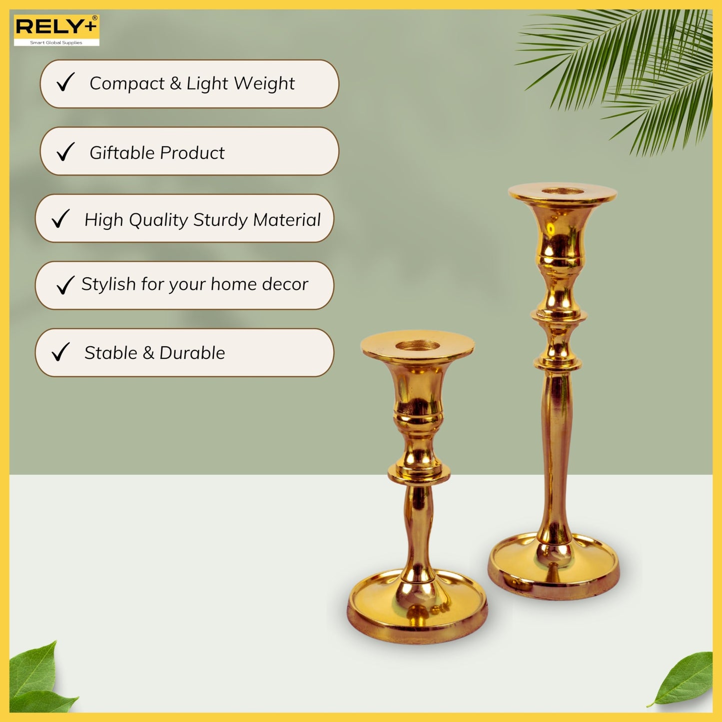 Rely+ Gold Metal Candle Holders for Taper Candlestick Set of 2 8" & 5.5" Tall Decorations for Home Table Centerpiece for Wedding, Parties, Dinners, Decorations