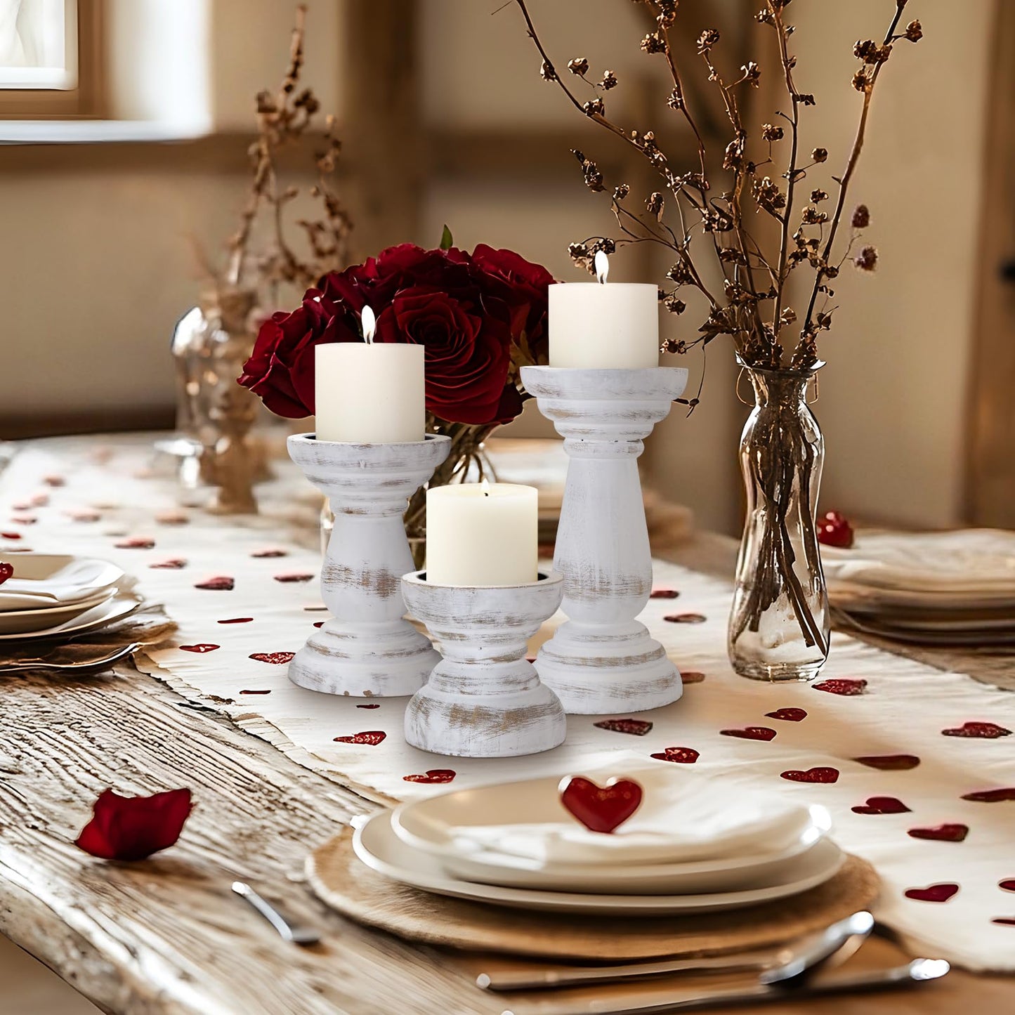 Candle Holder for Pillar Candle Set of 3, Farmhouse Wood Candle Holder, Rustic Wooden Candle Stand, Decorative Wood Candlestick Holders for Living Room, Table Centerpiece (RusticWhite)