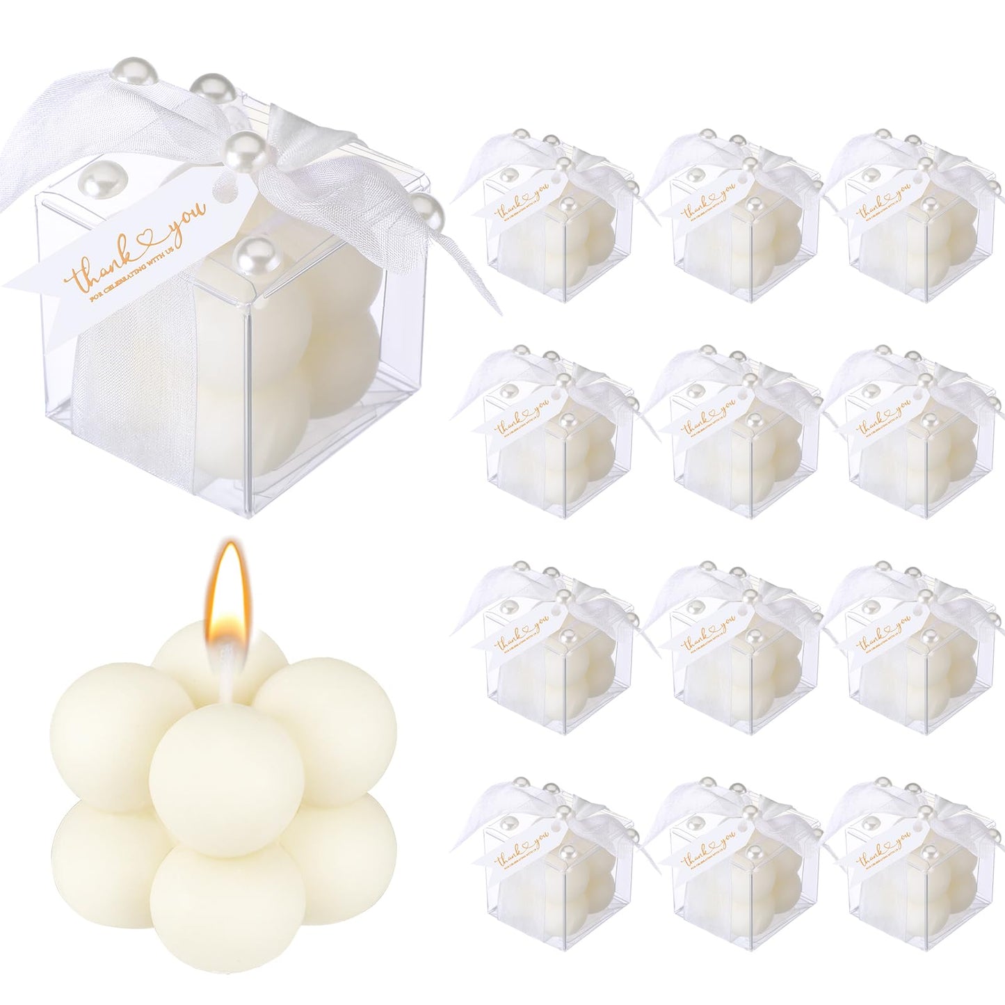 Nuanchu 12 Sets Bridal Shower Favors White 1.6" Mini Bubble Candles Wedding Favors Gifts for Guests Aesthetic Bubble Candles Baby Shower Favor with Thank You Card Ribbon for DIY Baptism Gift