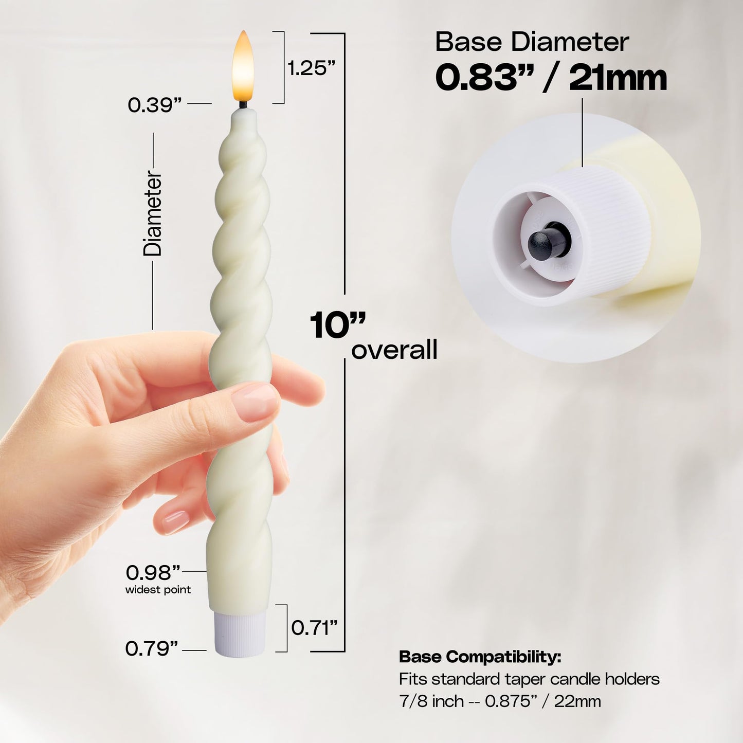 West Ivory Full Twisted Spiral Flameless LED Taper Candles – Ivory, Set of 6 – 2/4/6/8-Hr Timer (24-Hr Memory), Remote, Dimmable, Bottom On/Off Button, Flicker/Steady, Battery Operated