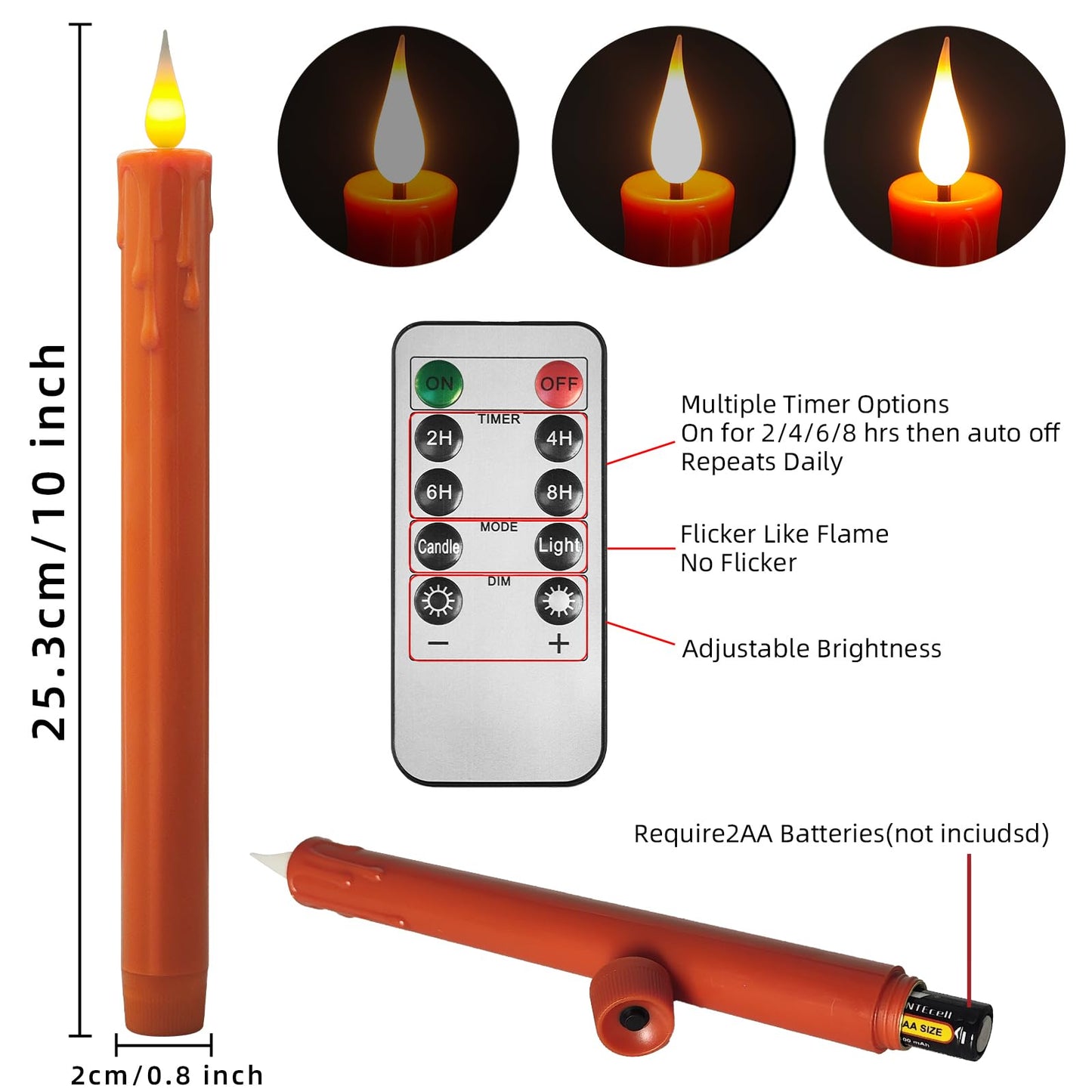 Flameless Taper Candles -10 inch 6 Pack Orange Candle Sticks with 3D Flickering Effect & 10-Key Remote, Realistic Battery Operated Candlesticks for Christmas Decor, Weddings, Halloween, Home Decor