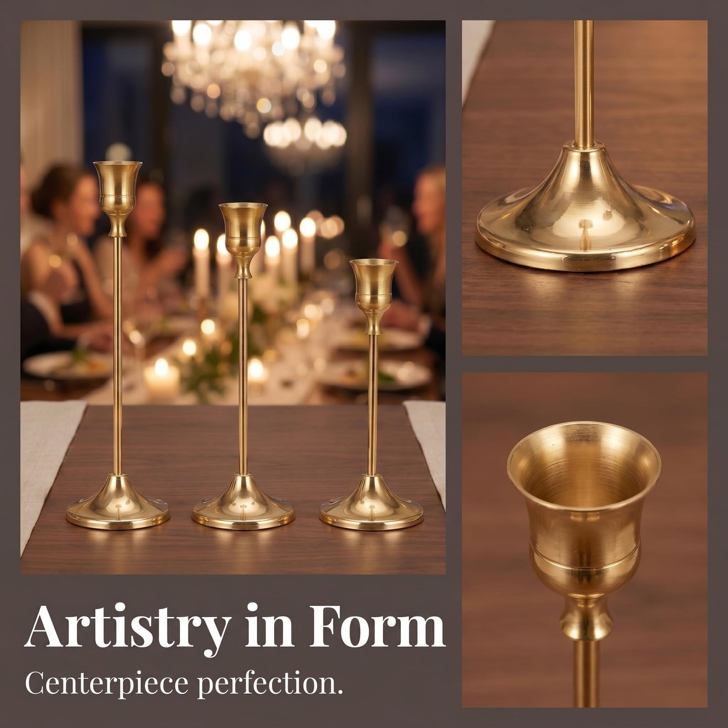 Oakernel Brass Taper Candle Holders 4 Sets(12 Pcs) - Tall Metal Candlestick Holders for Table Centerpiece, Formal Dinner, Wedding, Fireplace Mantel Decor, Fits 3/4 Inch Thick Candles