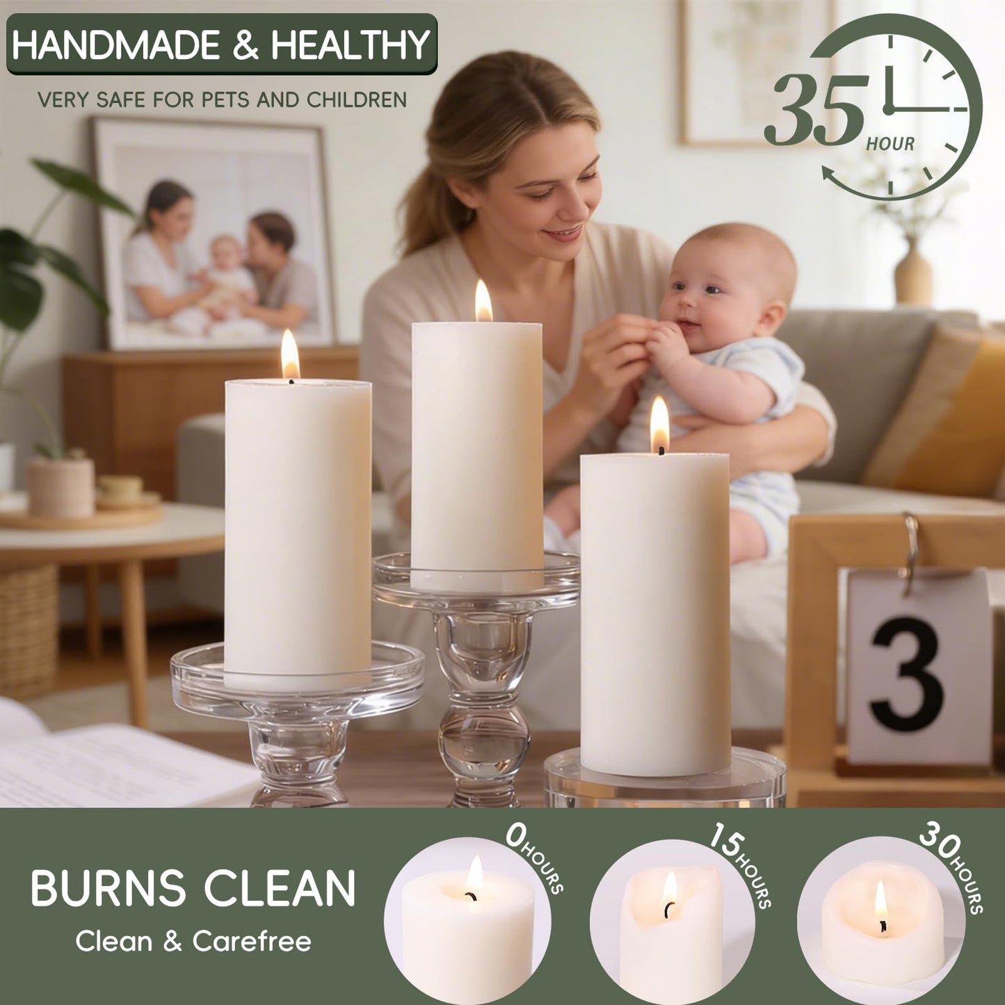 6 Pack White Soy Pillar Candles, 210 Hours Handmade Unscented Pillar Candles Natural Soybean Candle for Home, Wedding, Smokeless & Dripless, Party, Spas, Dinner-2x4in