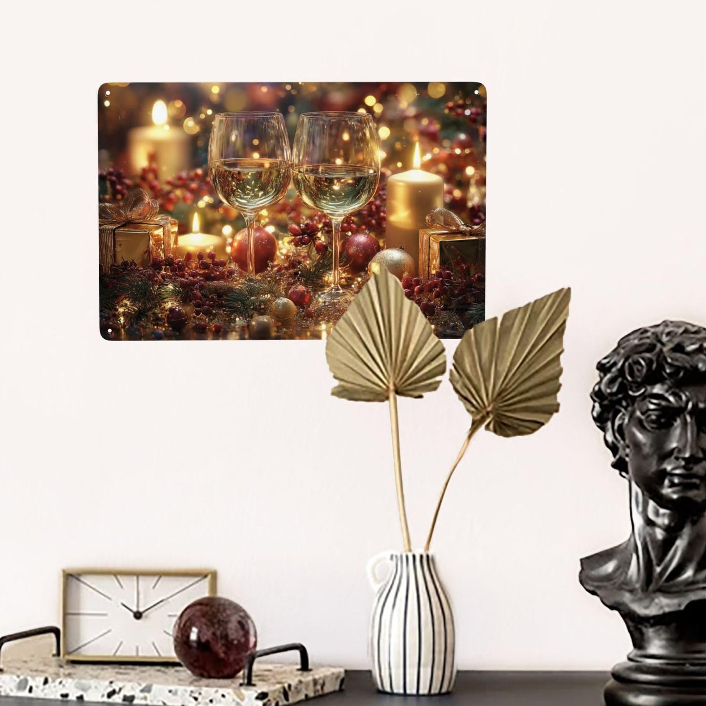 MA6GE8DE Festive Wine Glasses With Candles, Red Berries, Gold Gifts, Sparkling Bokeh,Metal Tin Plaque Sign, Ideal For Living Room And Kitchen Restaurant,Easy To Hang 6x8 Inch