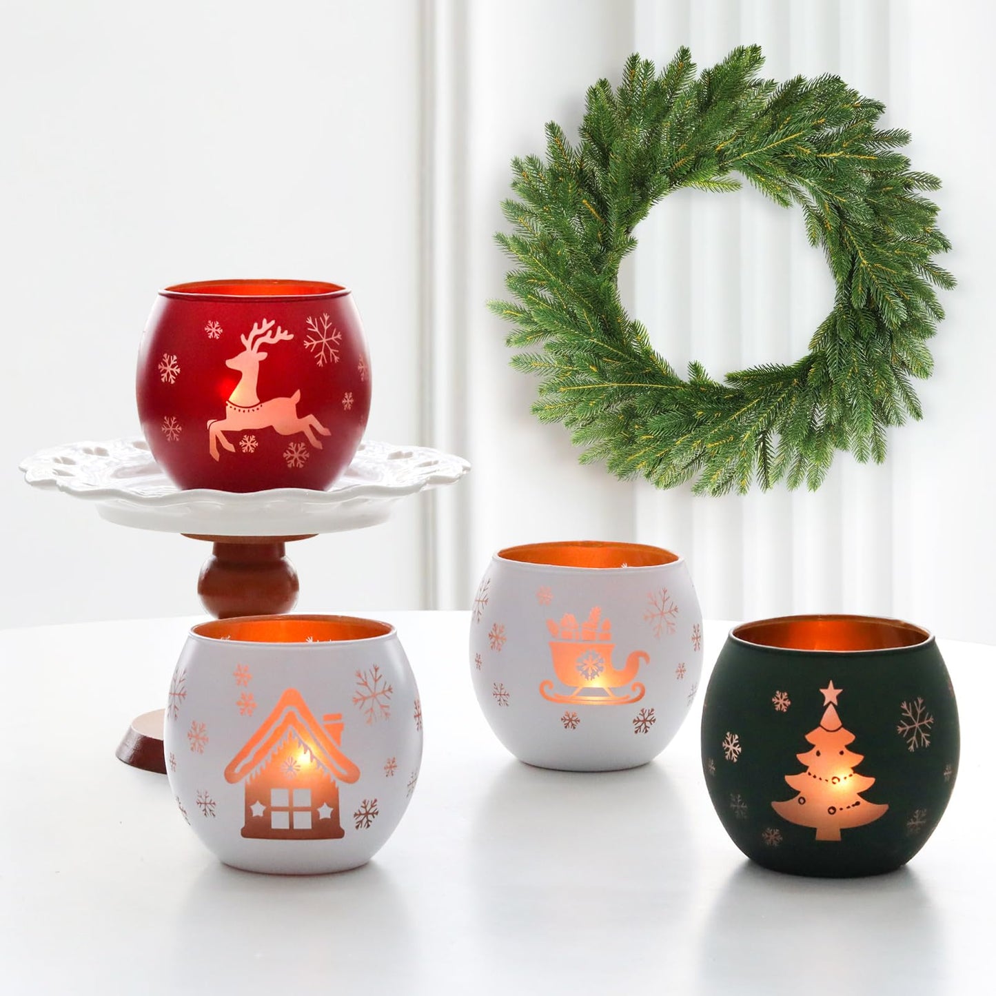 Christmas Candle Holders Set of 4, Frosted Glass Tealight Votive Holders with Snowflake, Reindeer, Christmas Tree Designs, Winter Holiday Table Centerpiece for Indoor Outdoor Decor (Red, Green, White)