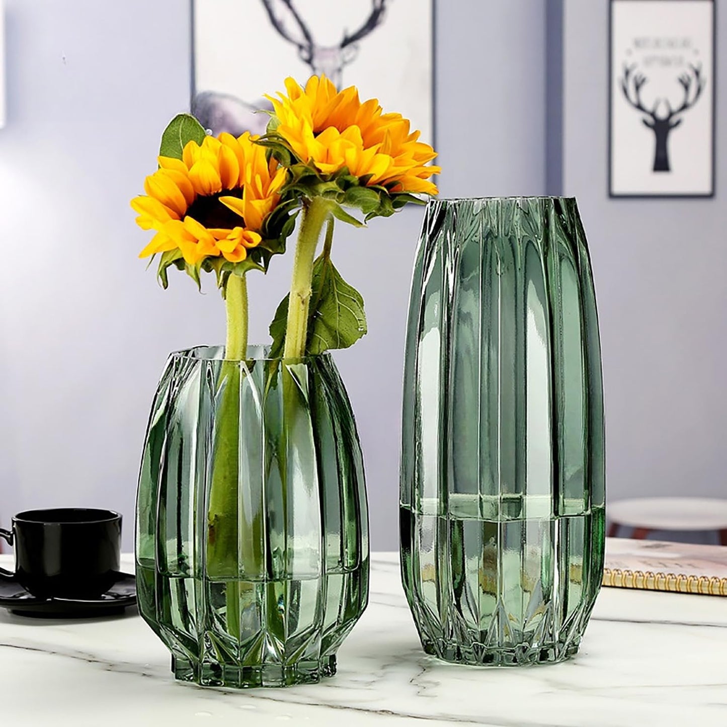 Lucky Bird Green Ribbed Glass Vase - Modern Tall/Short Centerpiece for Flowers, Candles & Decor (H12.0inch)