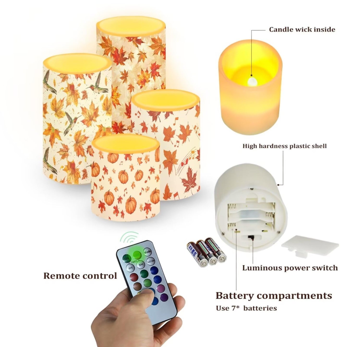 NETILGEN Autumn Maple Leaf Pumpkin Flameless Electric Candles Flameless Candles with Remote Timer Control for Thanksgiving Day Home Decoration, 4 Pcs