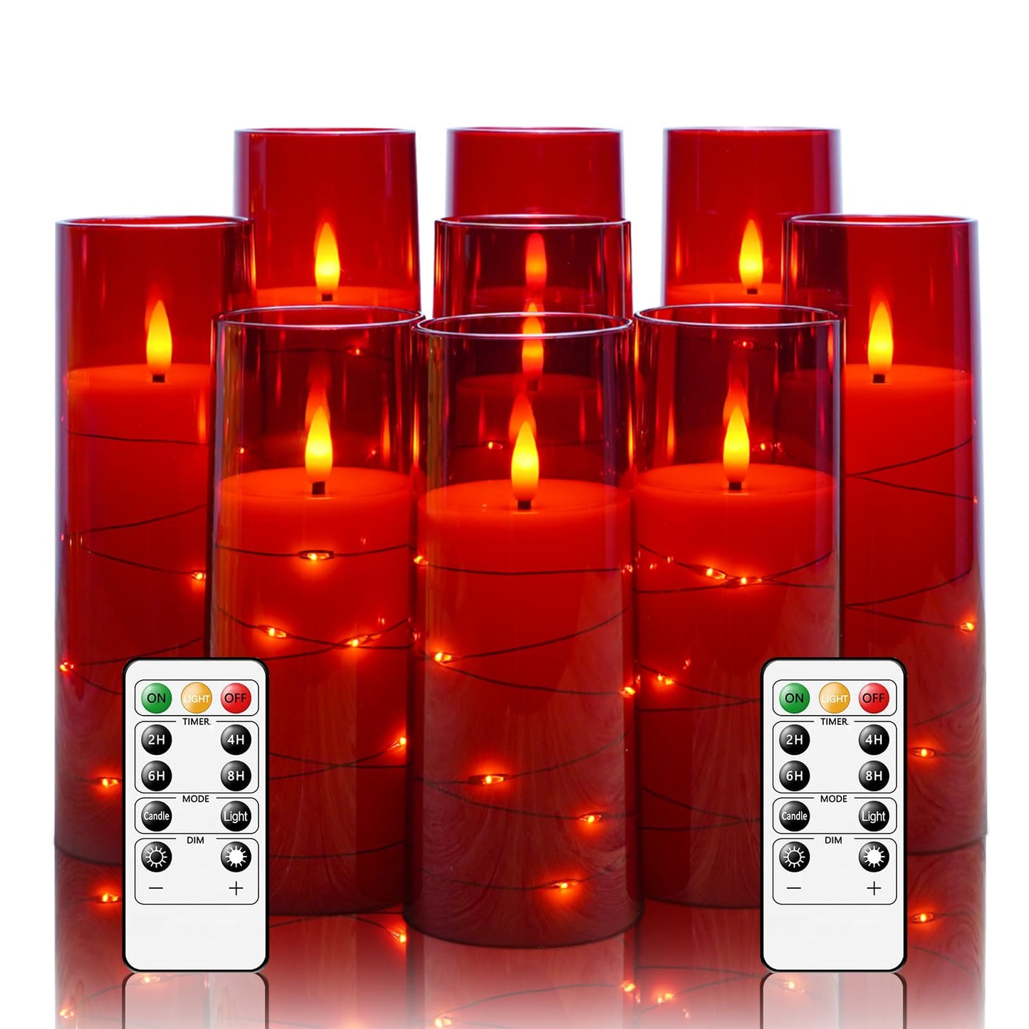 kakoya Flameless LED Candles with Timer 9 Pc Flickering Flameless Candles for Romantic Ambiance and Home Decoration Stable Acrylic Shell,with Embedded Star String，Battery Operated Candles（Red）