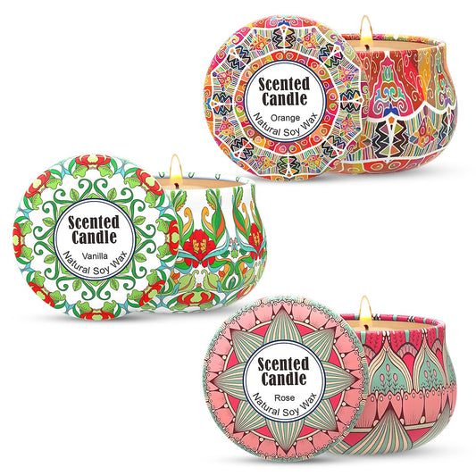 3 Packs Rose, Vanilla and Orange Scented Candles Christmas Gift Set for Women, Small 2.5oz Decorative Natural Soy Wax Aromatherapy Candles in Cute Travel Metal Tin for Home Mother's Day