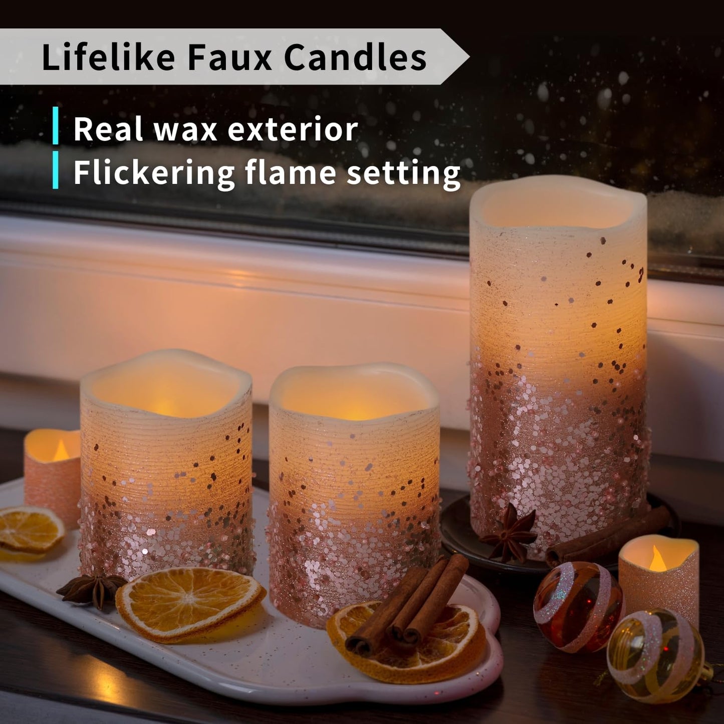 FURORA LIGHTING Pink Glitter Flameless Candles - Real Wax, Adjustable Brightness, Remote & Timer - 4 Pillars (3x4, 3x6) and 4 Votives, 8-Pack, Battery Operated