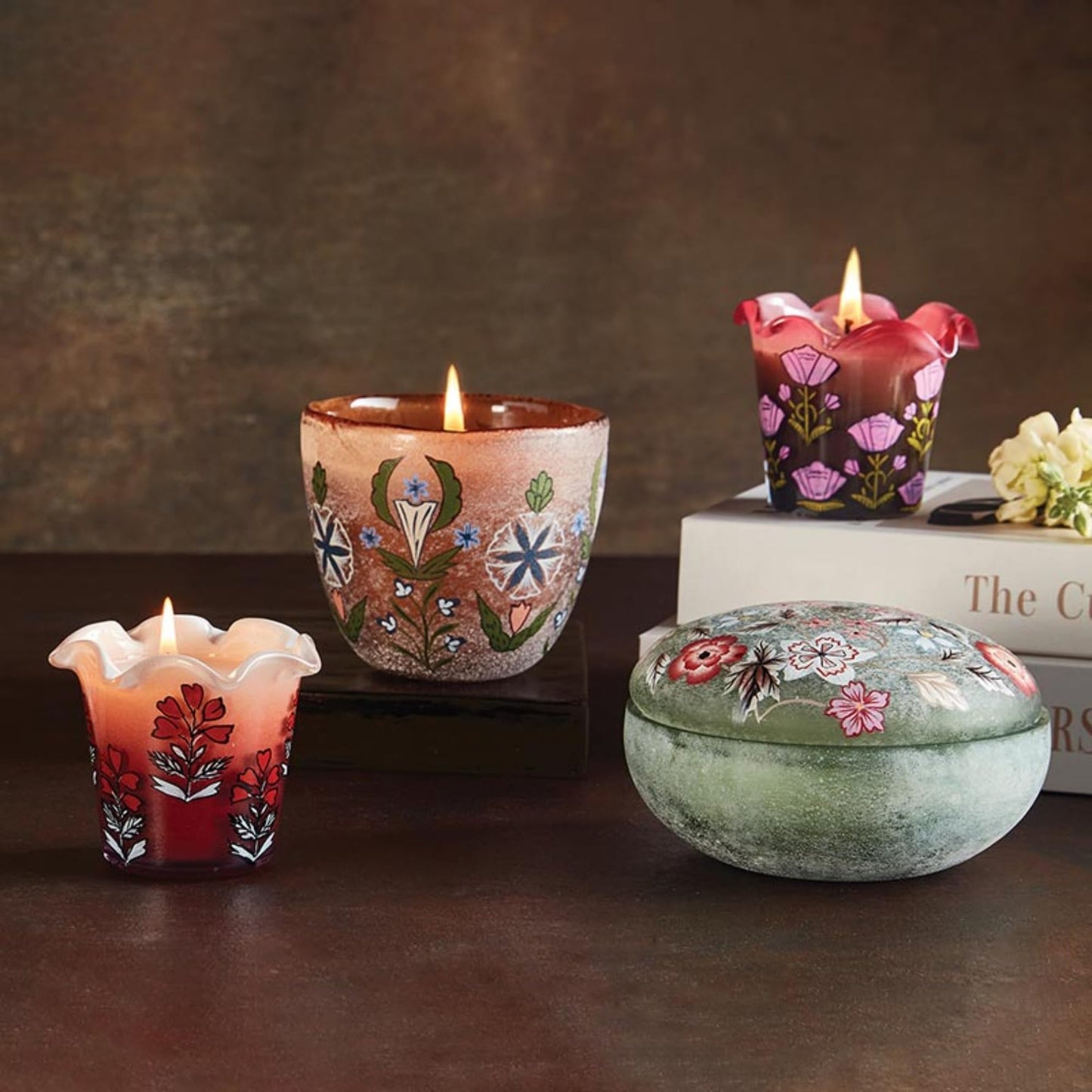 47th & Main Scented Candles Hand-Painted Floral Glass Candle, 3.25" Dia x 3" H, Goji Berry