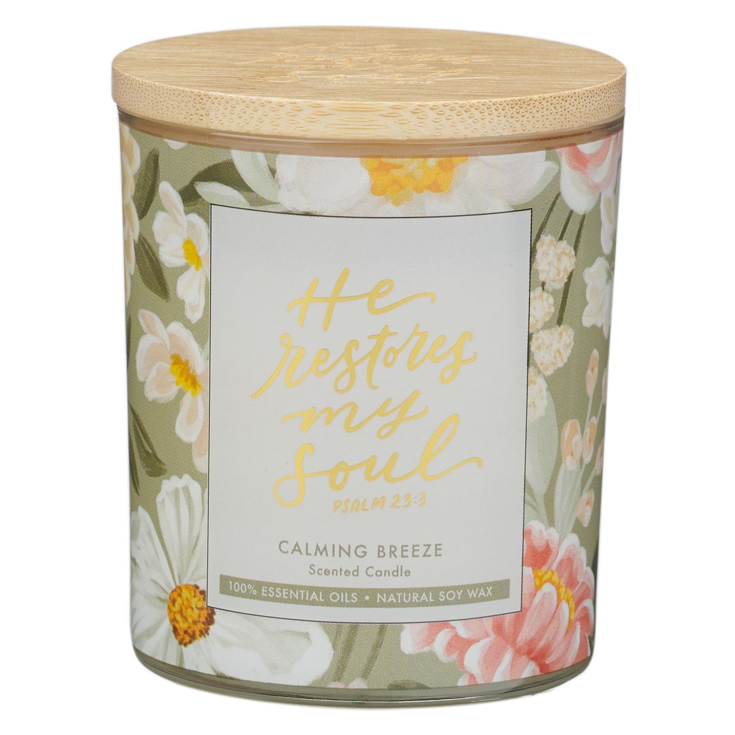 Christian Art Gifts Soy Wax Scented Candle: He Restores My Soul Bible Verse, Calming Breeze Scent, Pure Essential Oils, 4.5 oz, Up to 20 Hours Burn Time, Glass Jar w/Bamboo Lid, Encouragement Gift